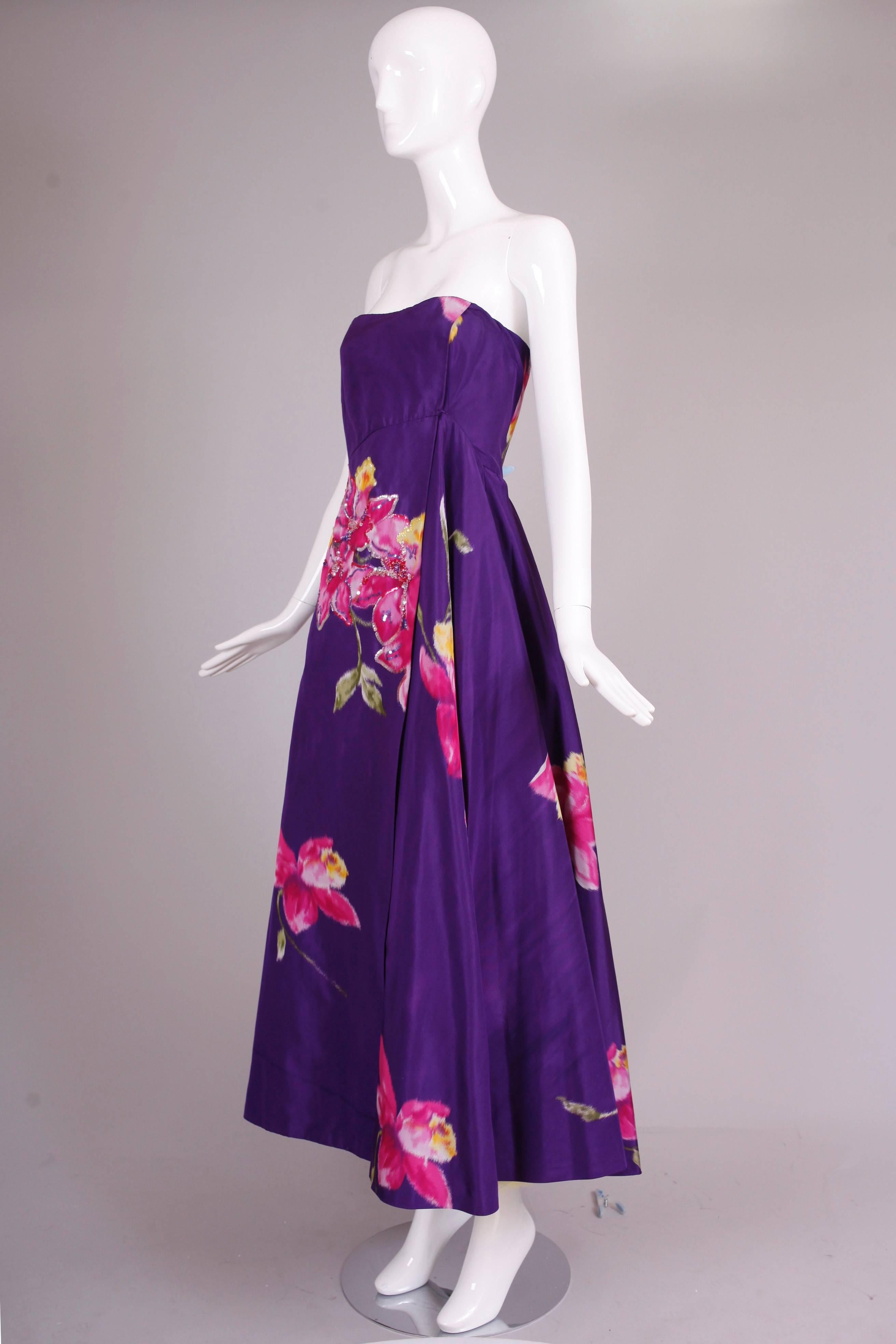 Christian Lacroix Purple Floral Silk Sequin Applique Strapless Evening Gown  In Excellent Condition In Studio City, CA