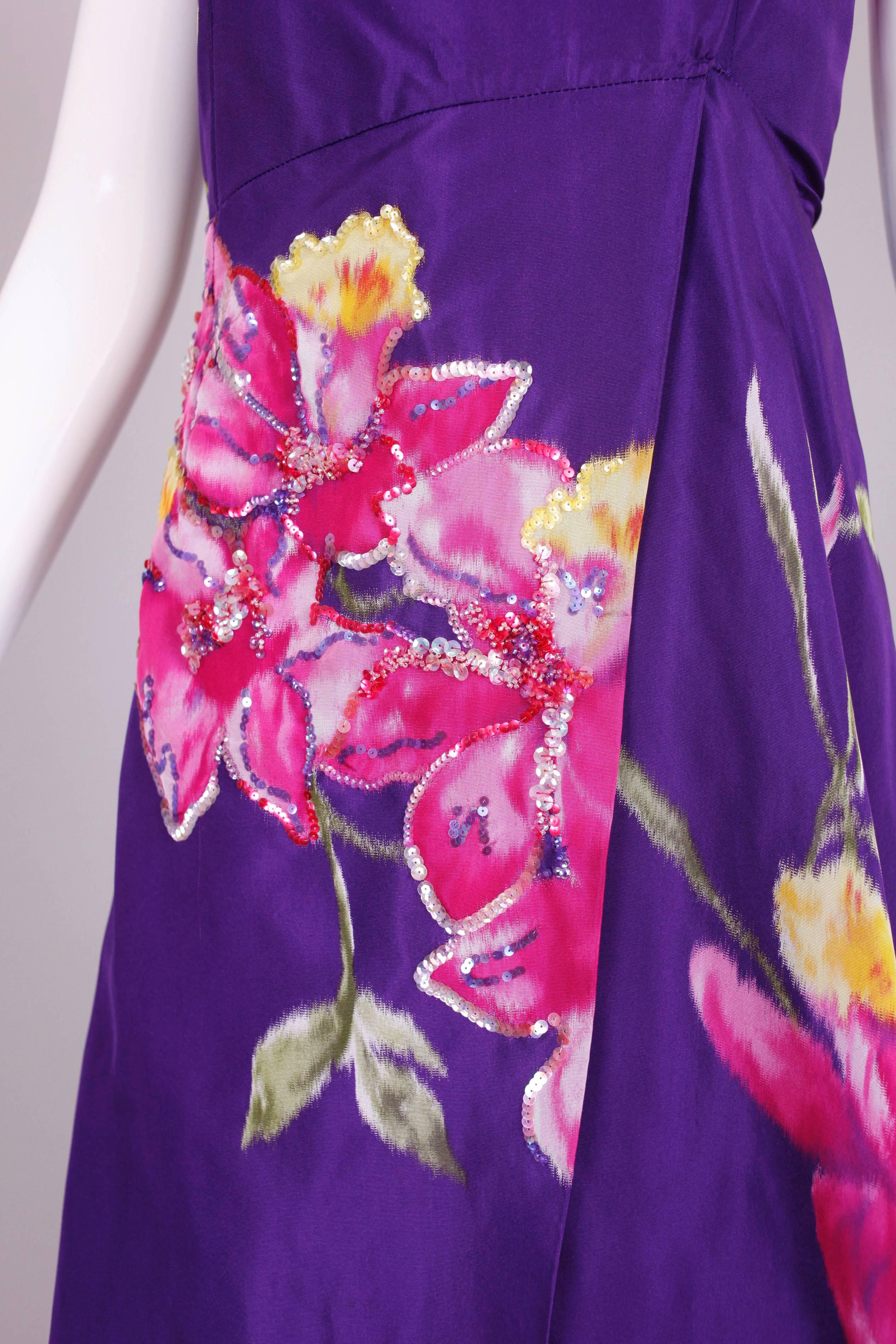 Women's Christian Lacroix Purple Floral Silk Sequin Applique Strapless Evening Gown 