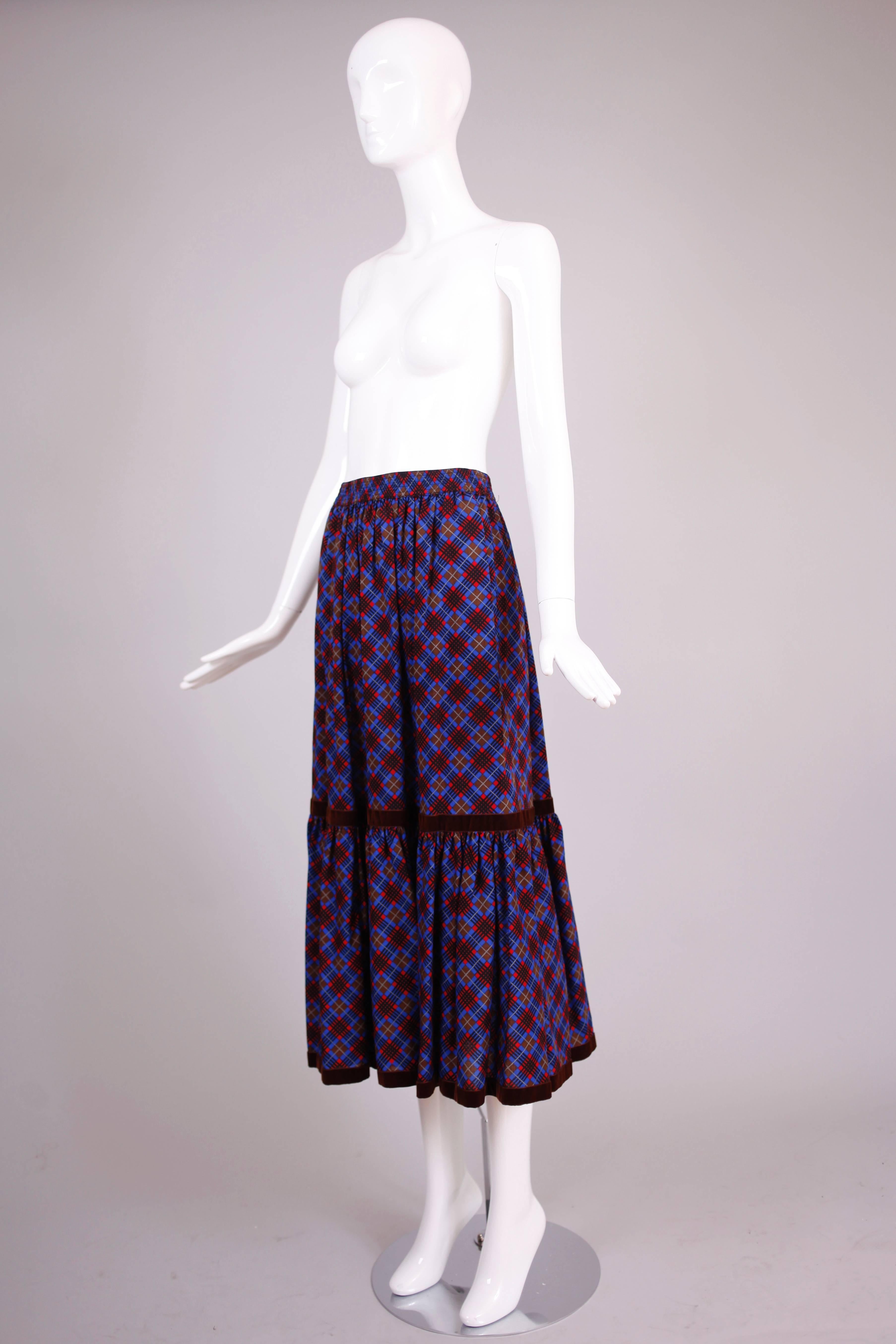 Black 1970s Yves Saint Laurent Plaid Tiered Summer Wool Skirt w/Velvet Trim