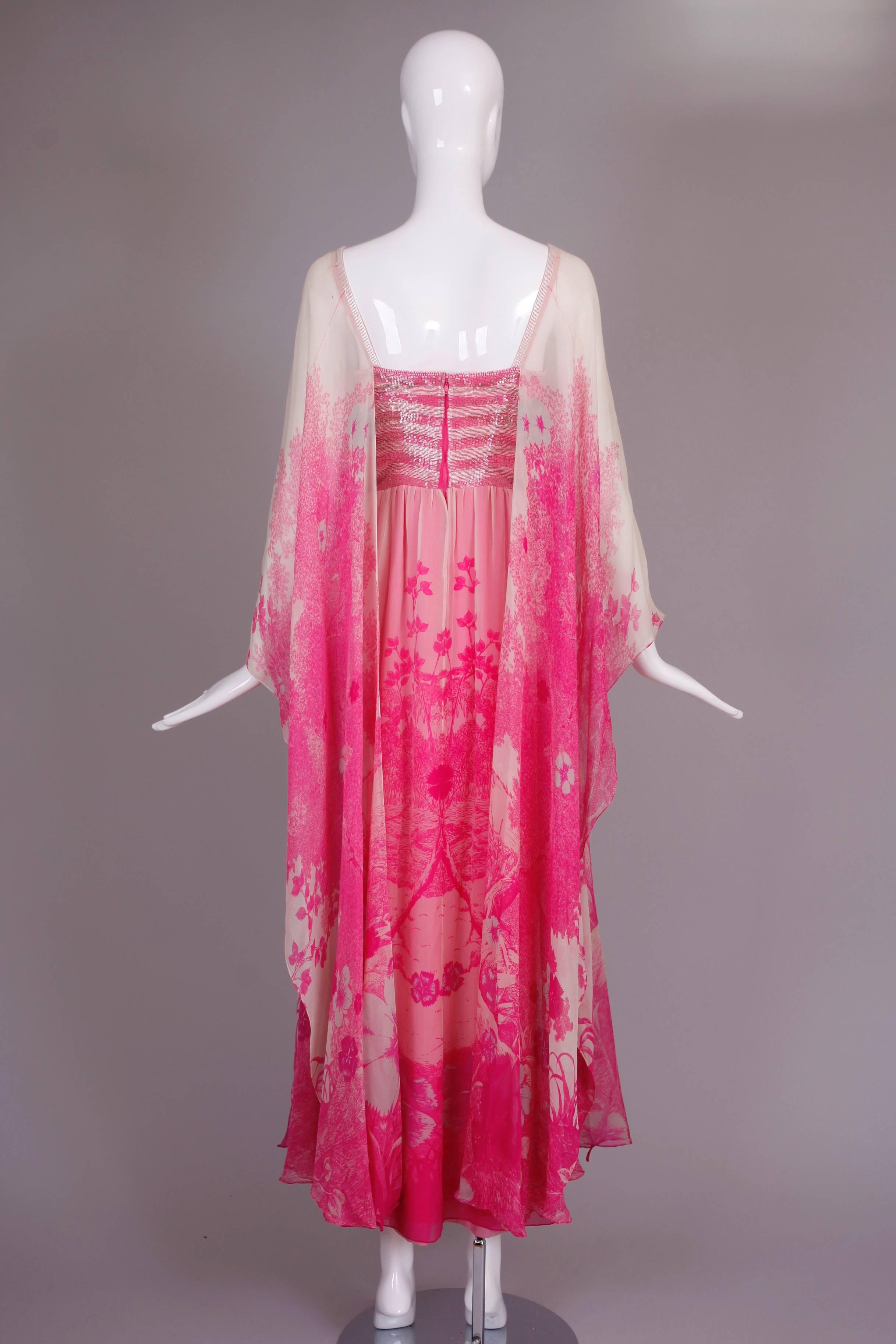 1970's Hanae Mori Couture Pink Chiffon Beaded Floral Print Evening Gown  In Excellent Condition In Studio City, CA