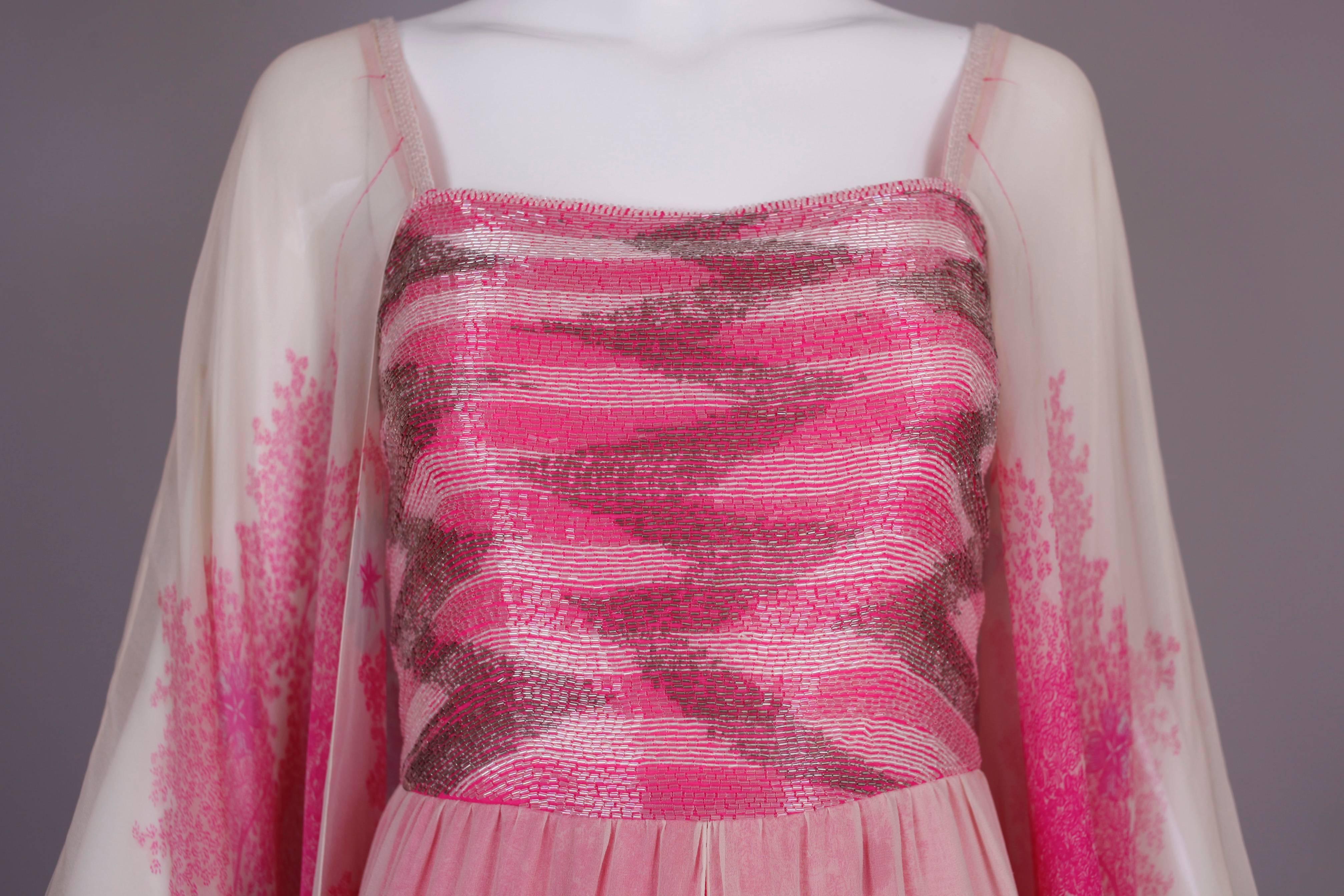 1970's Hanae Mori Couture Pink Chiffon Beaded Floral Print Evening Gown  1