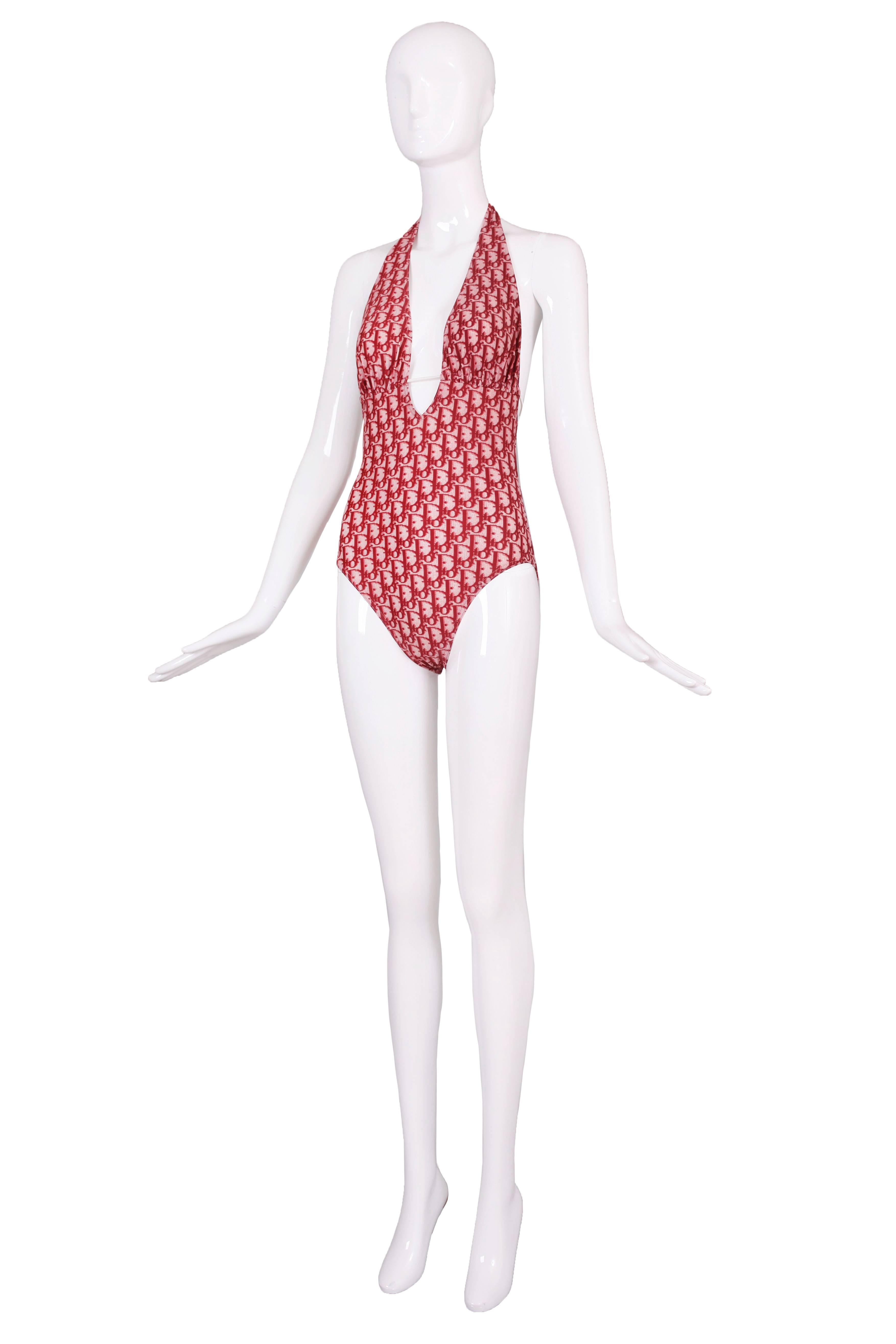 Dior by John Galliano halter one piece bathing suit with all over Dior logo print. In excellent condition. Size tag 8.