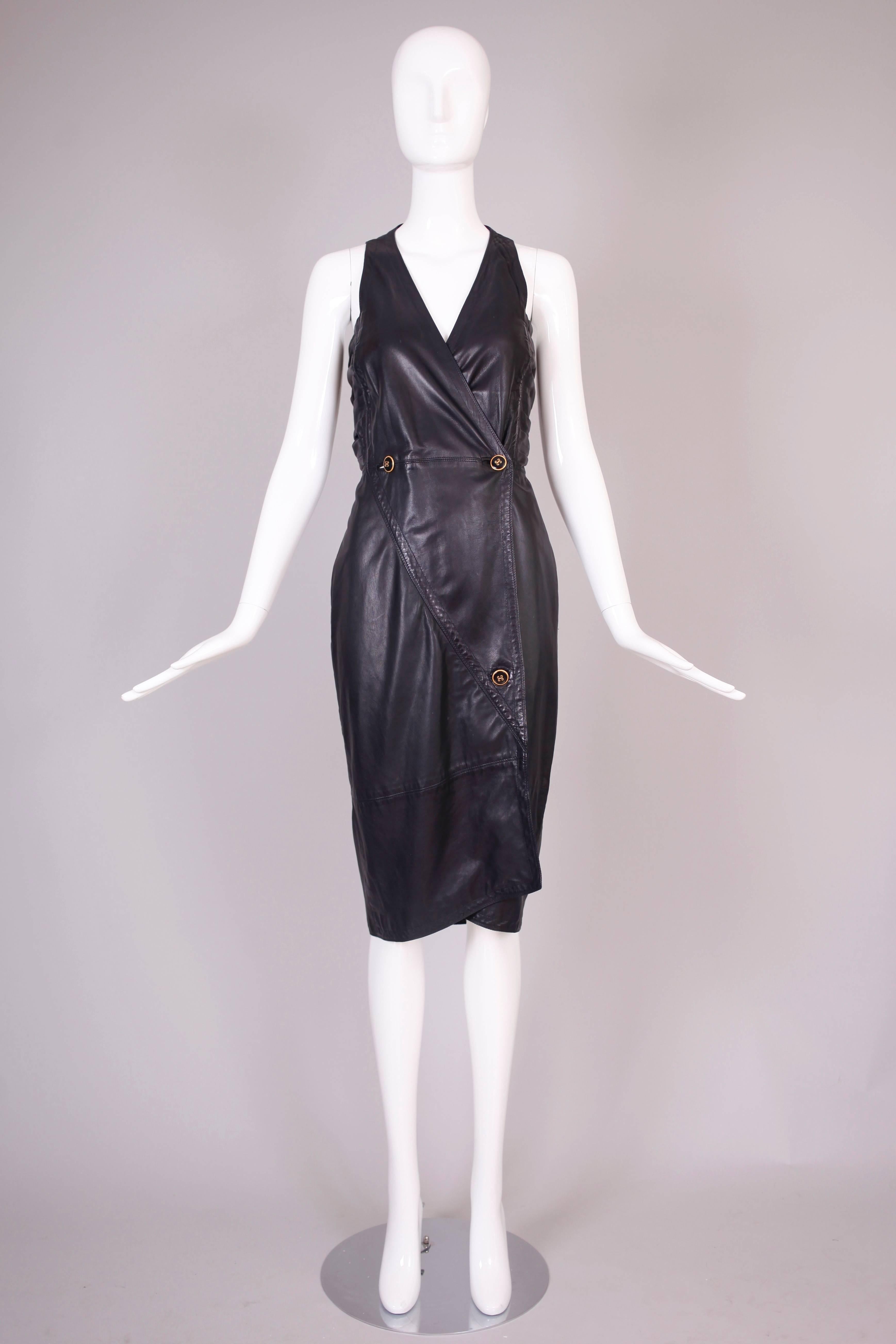 Black Versace Leather Halter Dress Circa 1986