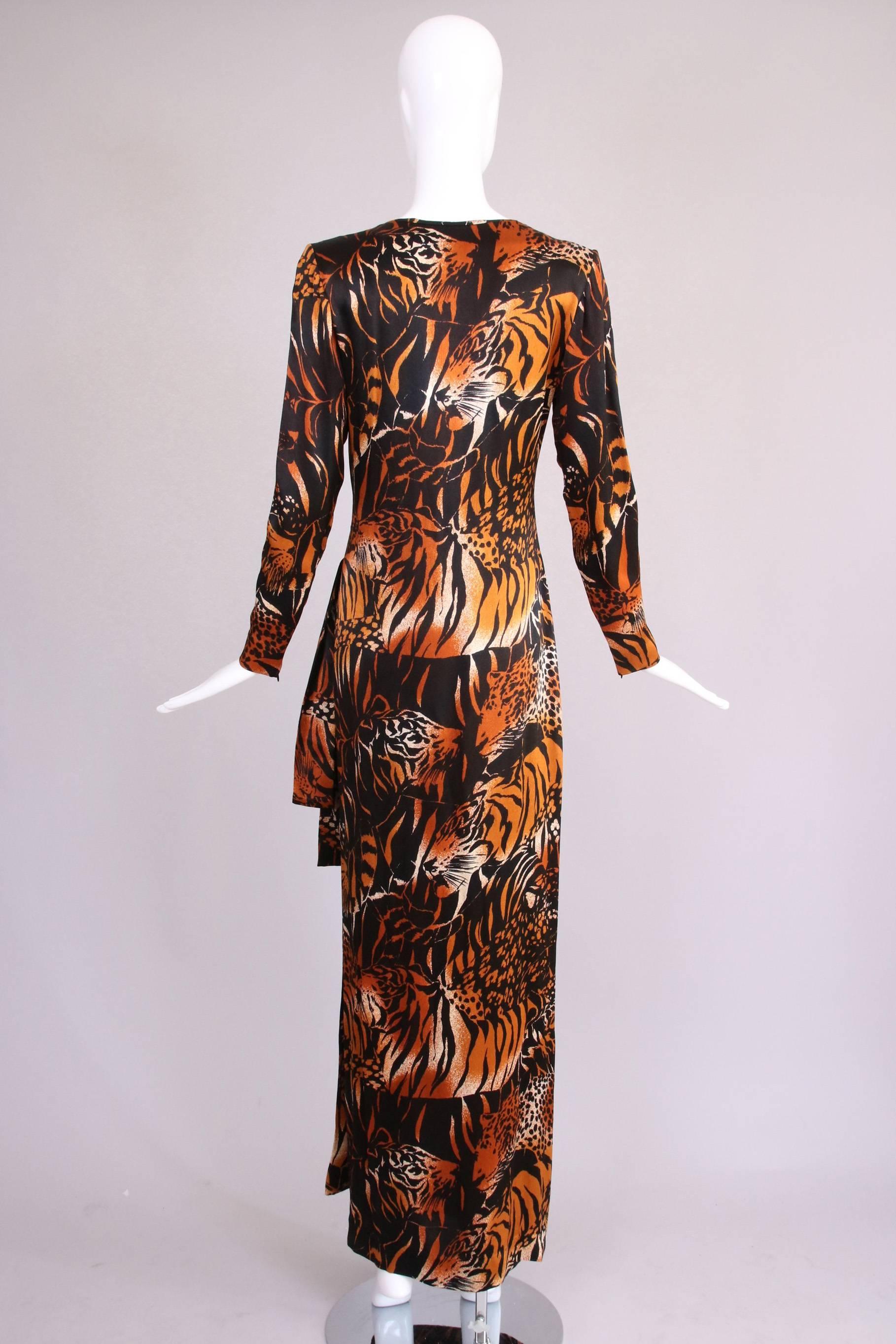 Brown Vintage Yves Saint Laurent Leopard Print Silk Evening Gown w/Deep V-Neck Plunge
