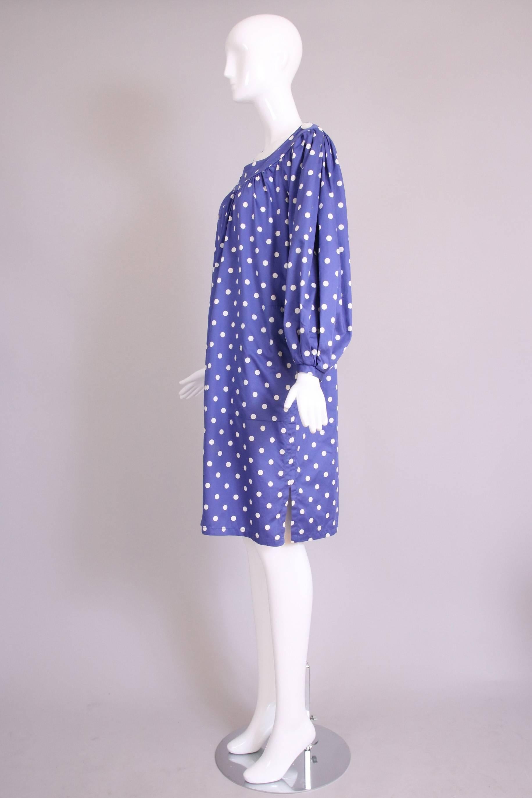 Vintage Yves Saint Laurent Periwinkle Blue & White Polka Dot Smock Dress In Excellent Condition In Studio City, CA