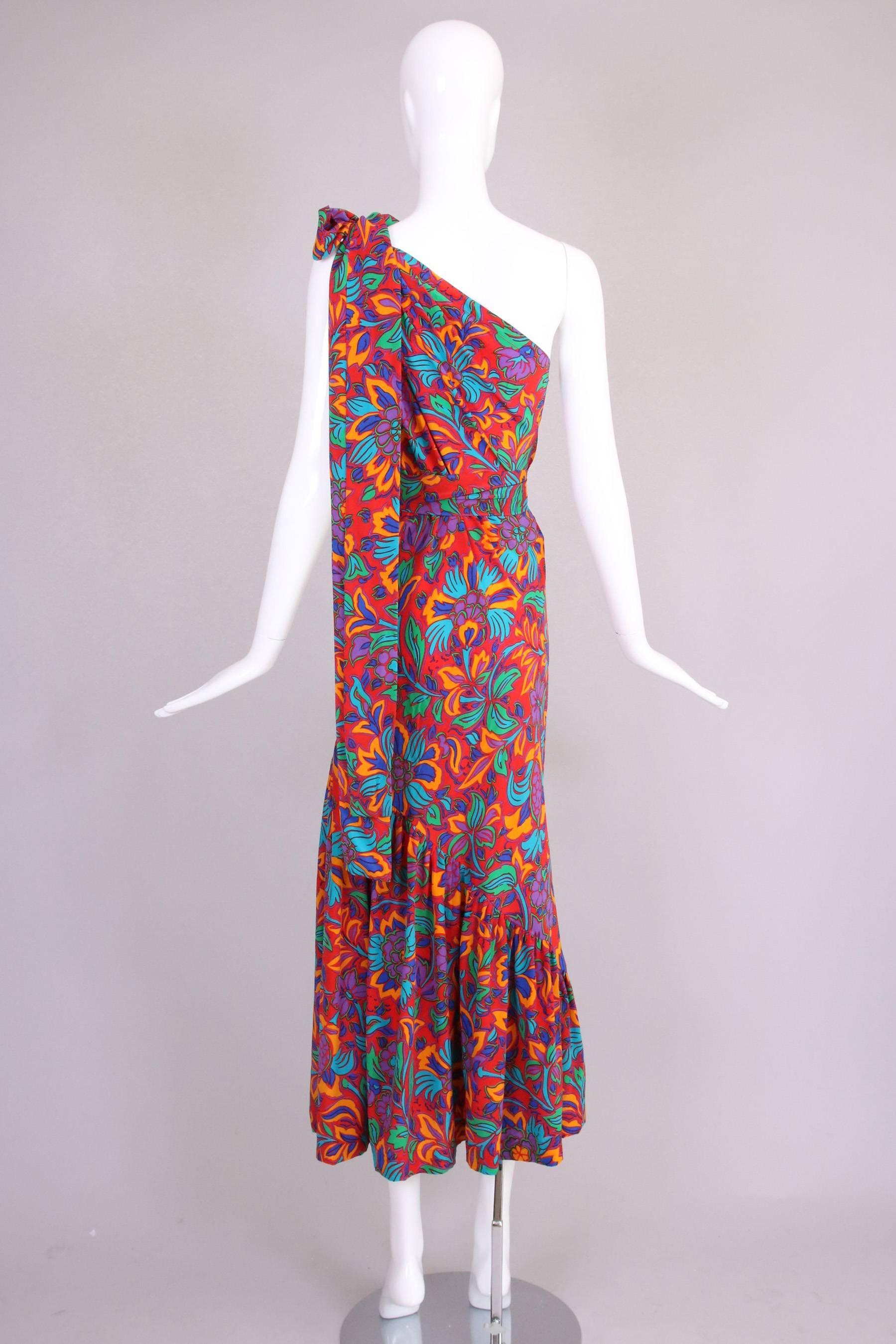 Brown Yves Saint Laurent Silk Bias Cut Floral Print Asymmetric Gown 