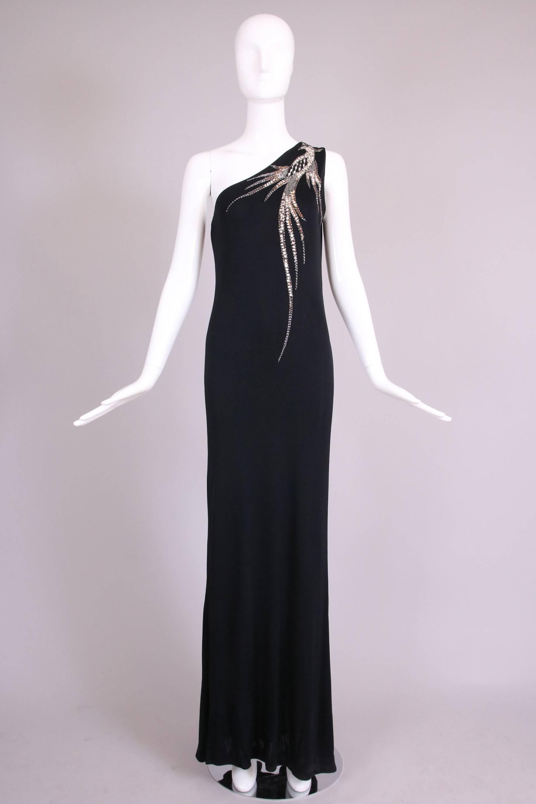 1970's Bob Mackie Black Silk Single Shoulder Evening Gown w/Beaded Firebird  In Excellent Condition In Studio City, CA