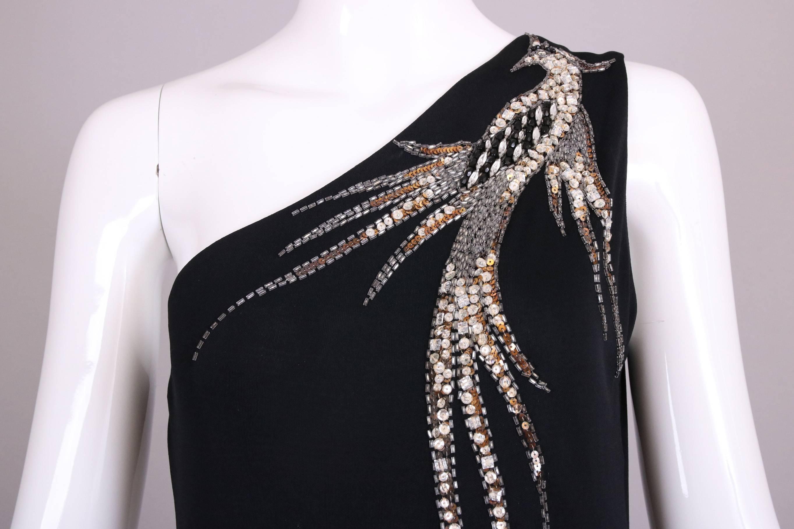 Women's 1970's Bob Mackie Black Silk Single Shoulder Evening Gown w/Beaded Firebird 