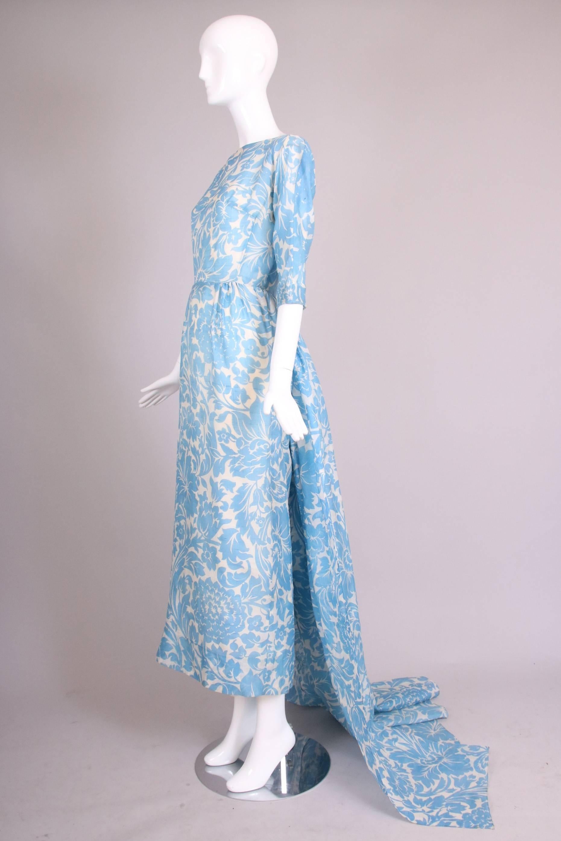 Pauline Trigere Blue & White Floral Linen Evening Gown w/Long Train In Excellent Condition In Studio City, CA