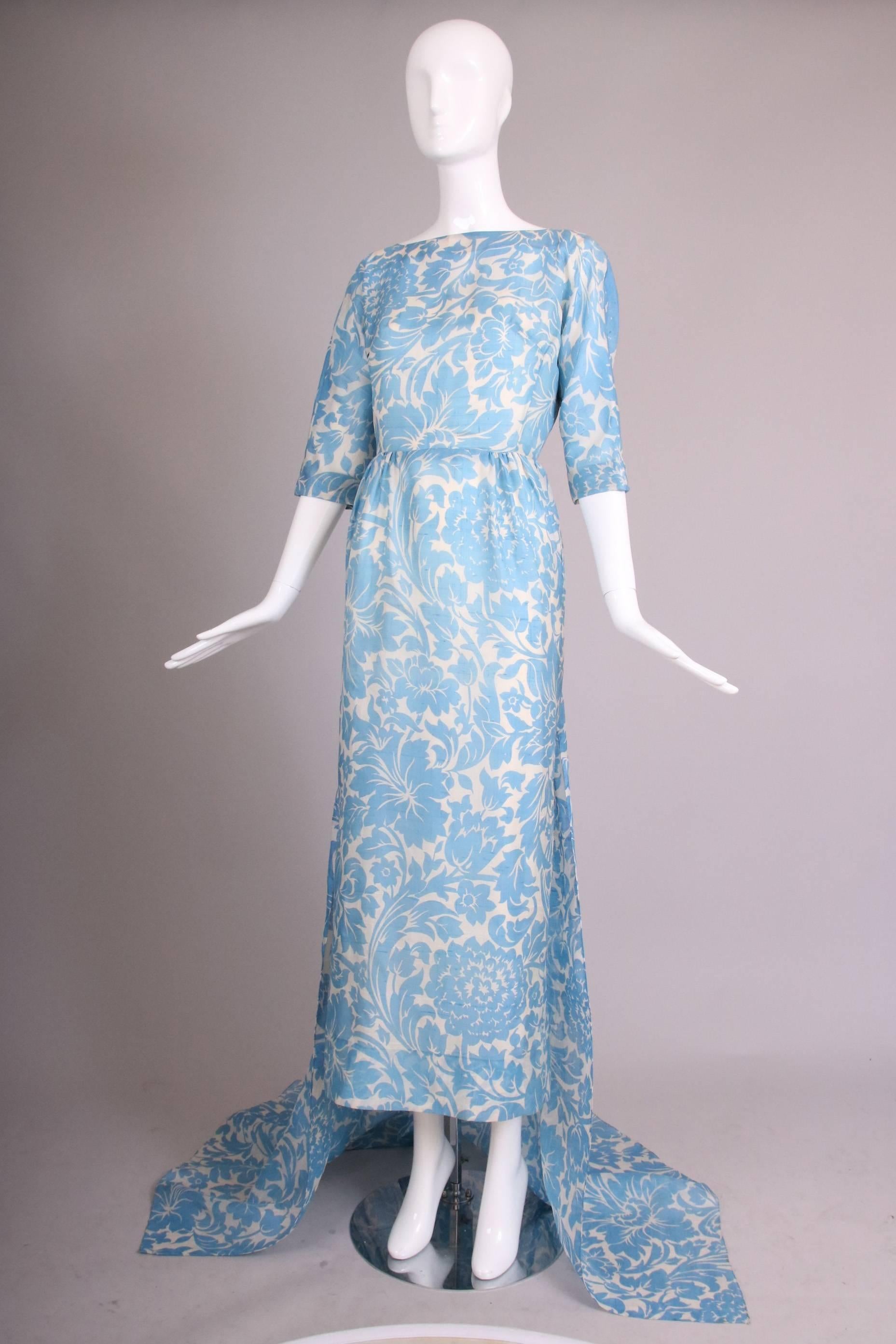 Women's Pauline Trigere Blue & White Floral Linen Evening Gown w/Long Train