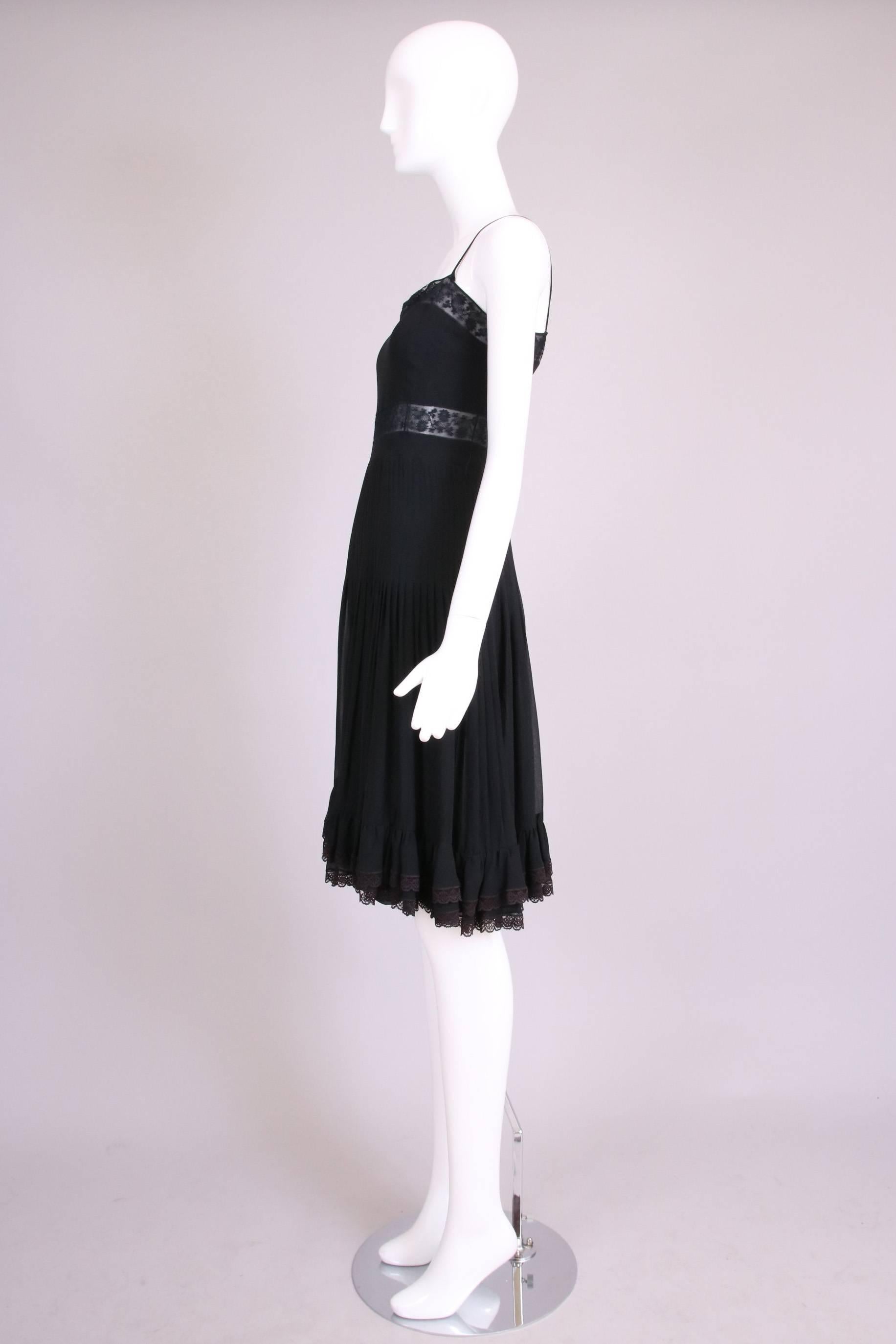 Women's 1970's Valentino Black Silk & Lace Pleated Baby Doll Dress