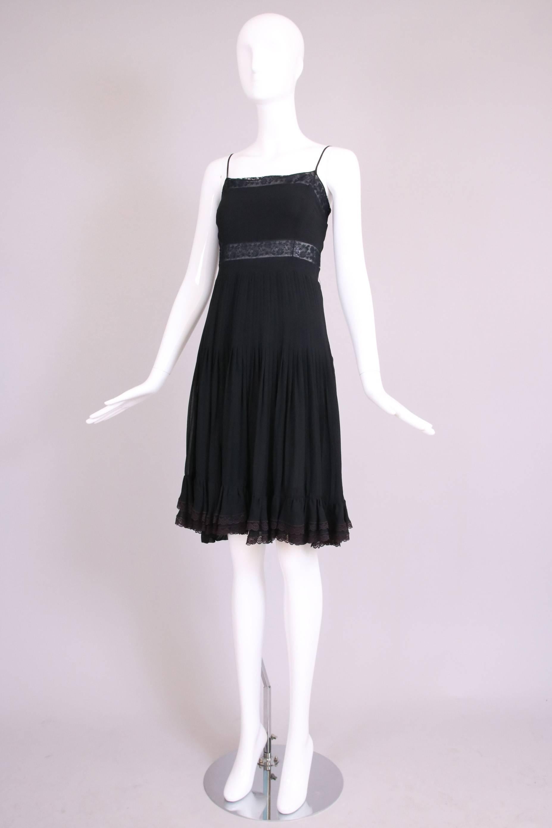 1970's Valentino Black Silk & Lace Pleated Baby Doll Dress In Excellent Condition In Studio City, CA