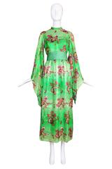 Mollie Parnis Green Silk Printed Maxi Dress w/Angel Wing Sleeves