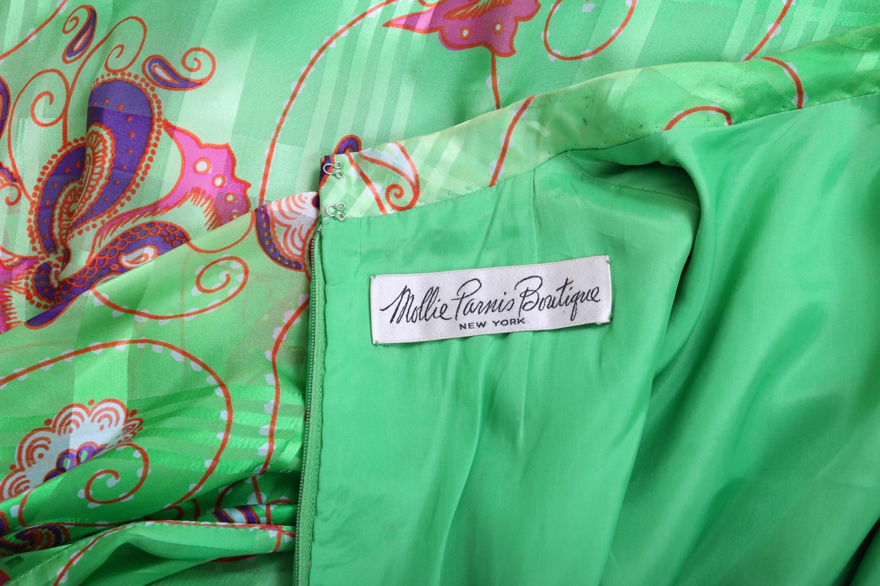 Mollie Parnis Green Silk Printed Maxi Dress w/Angel Wing Sleeves 2