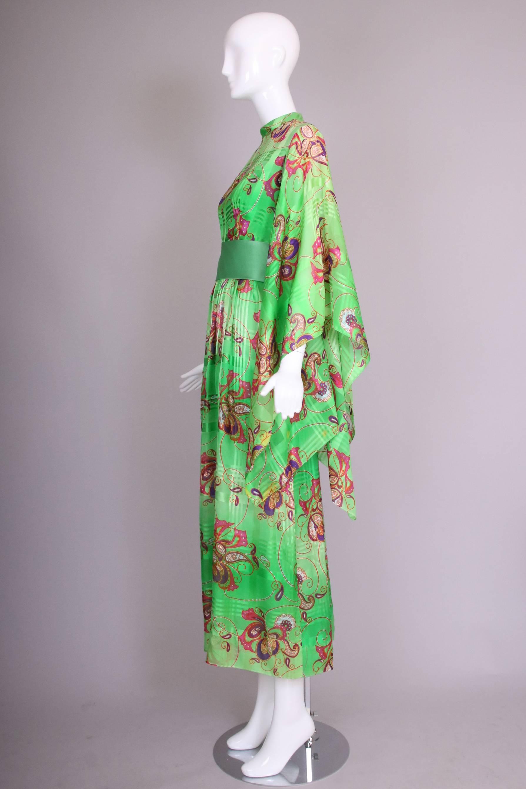 Women's Mollie Parnis Green Silk Printed Maxi Dress w/Angel Wing Sleeves