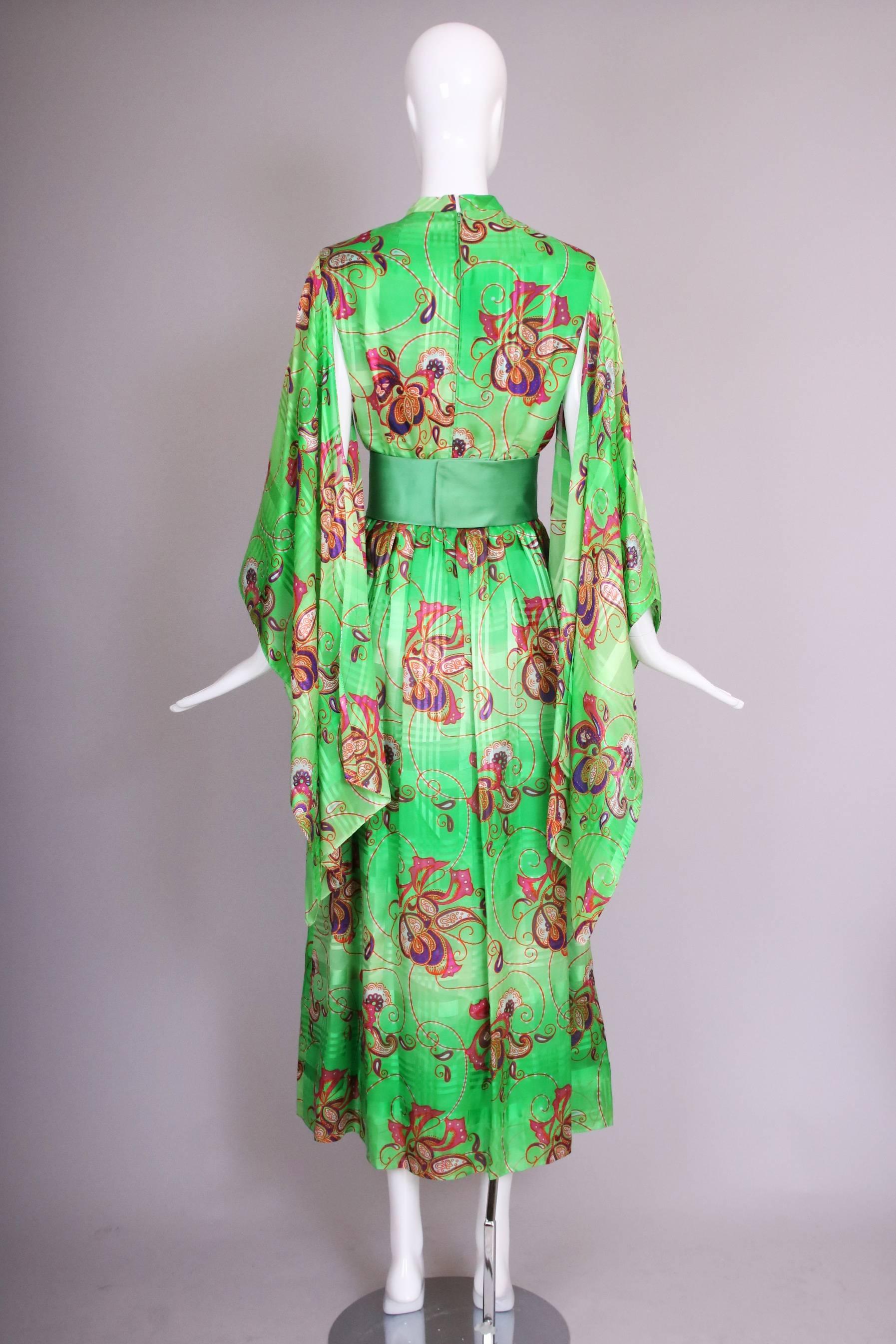 Mollie Parnis Green Silk Printed Maxi Dress w/Angel Wing Sleeves 1