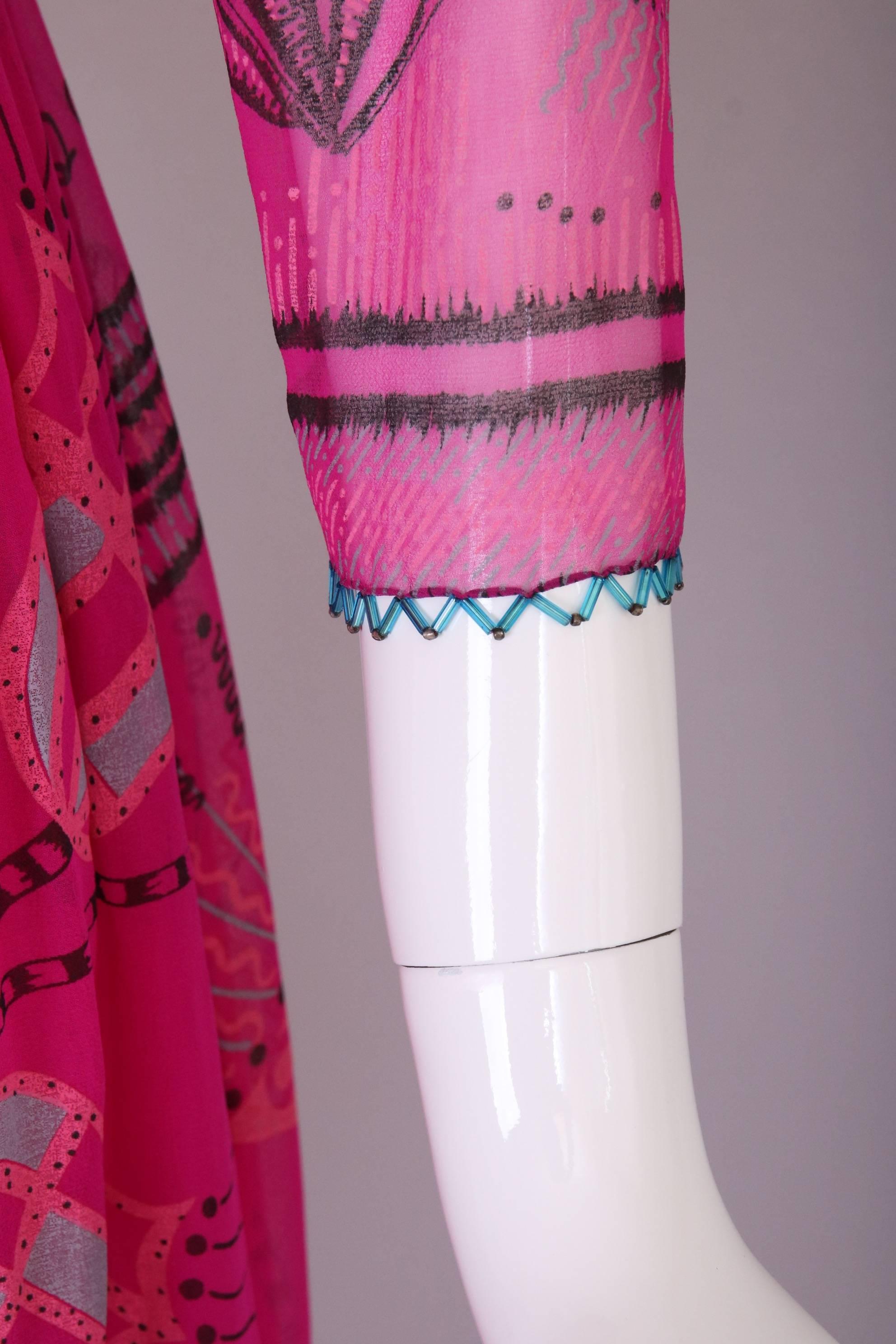 Women's Zandra Rhodes Fuchsia Printed & Beaded Chiffon Dress w/Illusion Top