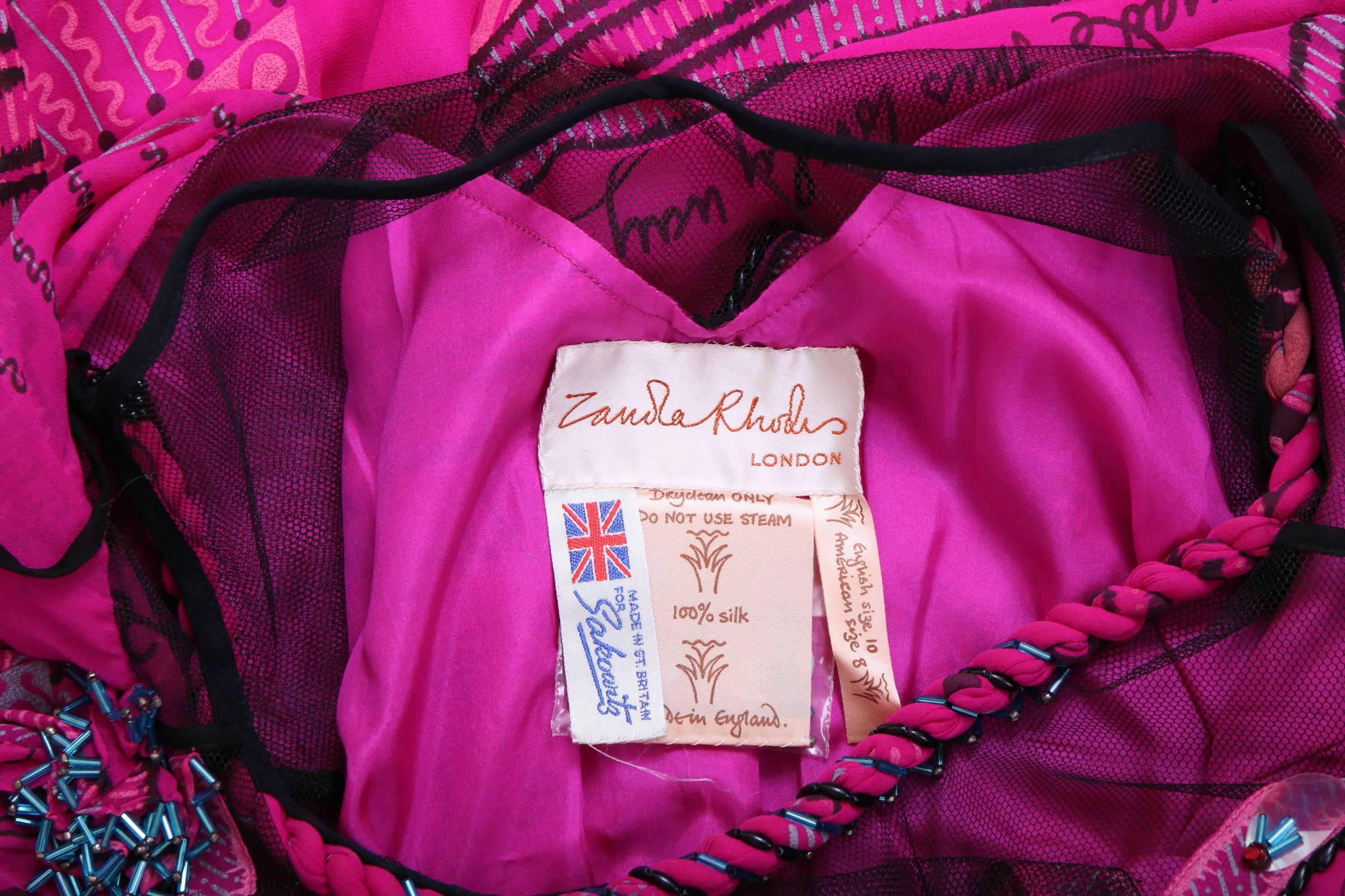 Zandra Rhodes Fuchsia Printed & Beaded Chiffon Dress w/Illusion Top 3