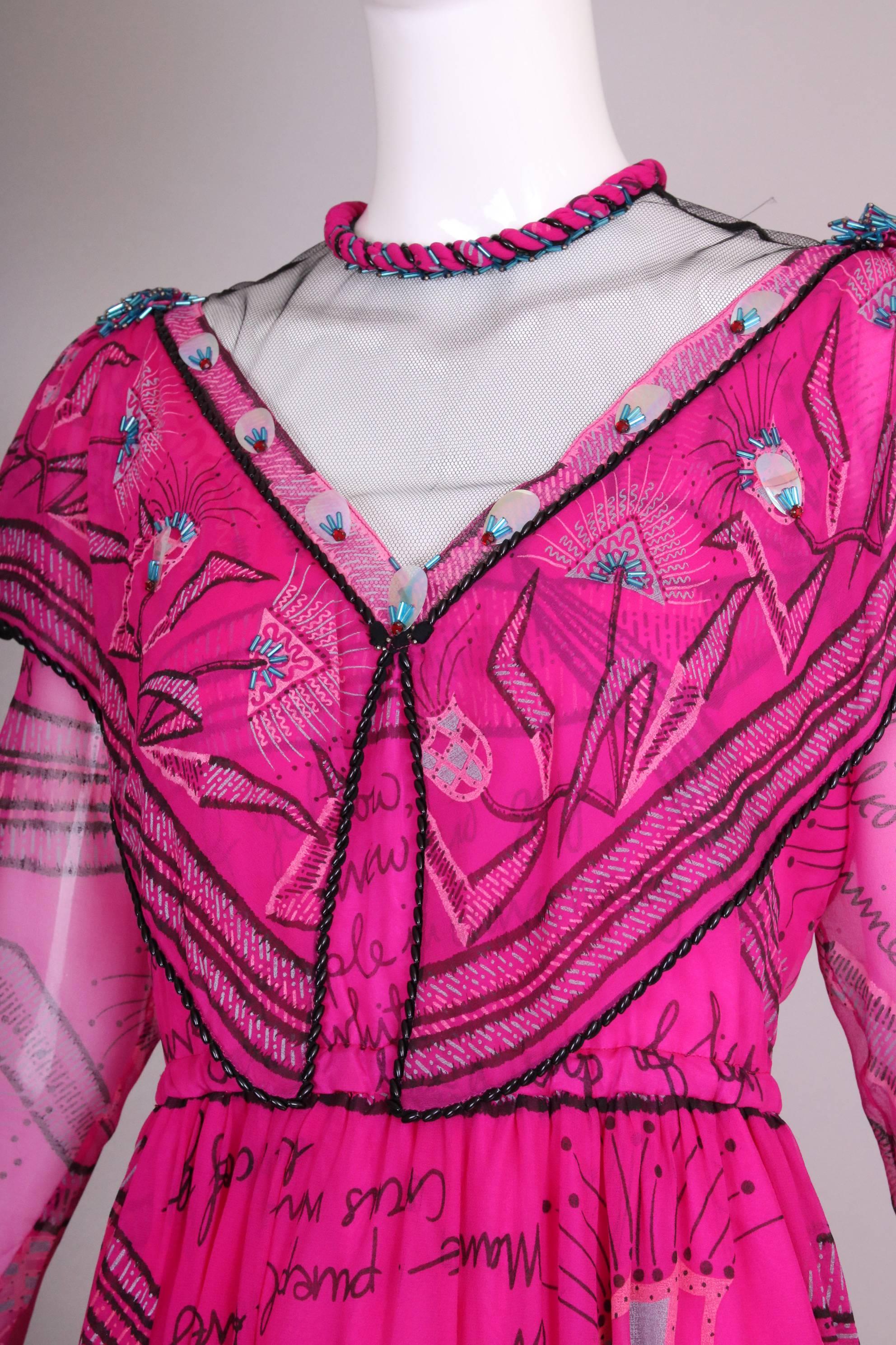 Pink Zandra Rhodes Fuchsia Printed & Beaded Chiffon Dress w/Illusion Top