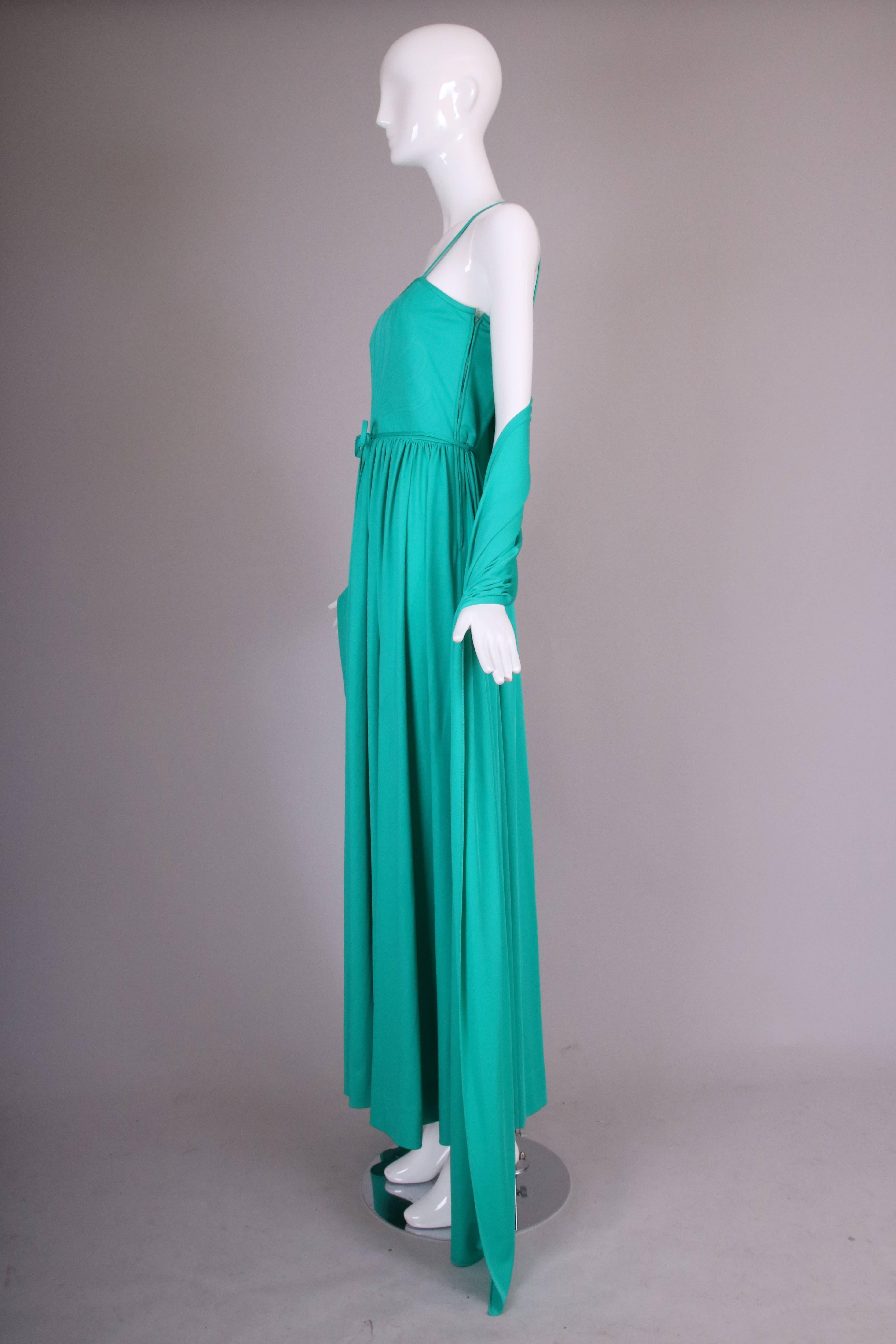 Donald Brooks Green Jersey Dress w/Spaghetti Straps And Matching Shawl In Excellent Condition In Studio City, CA