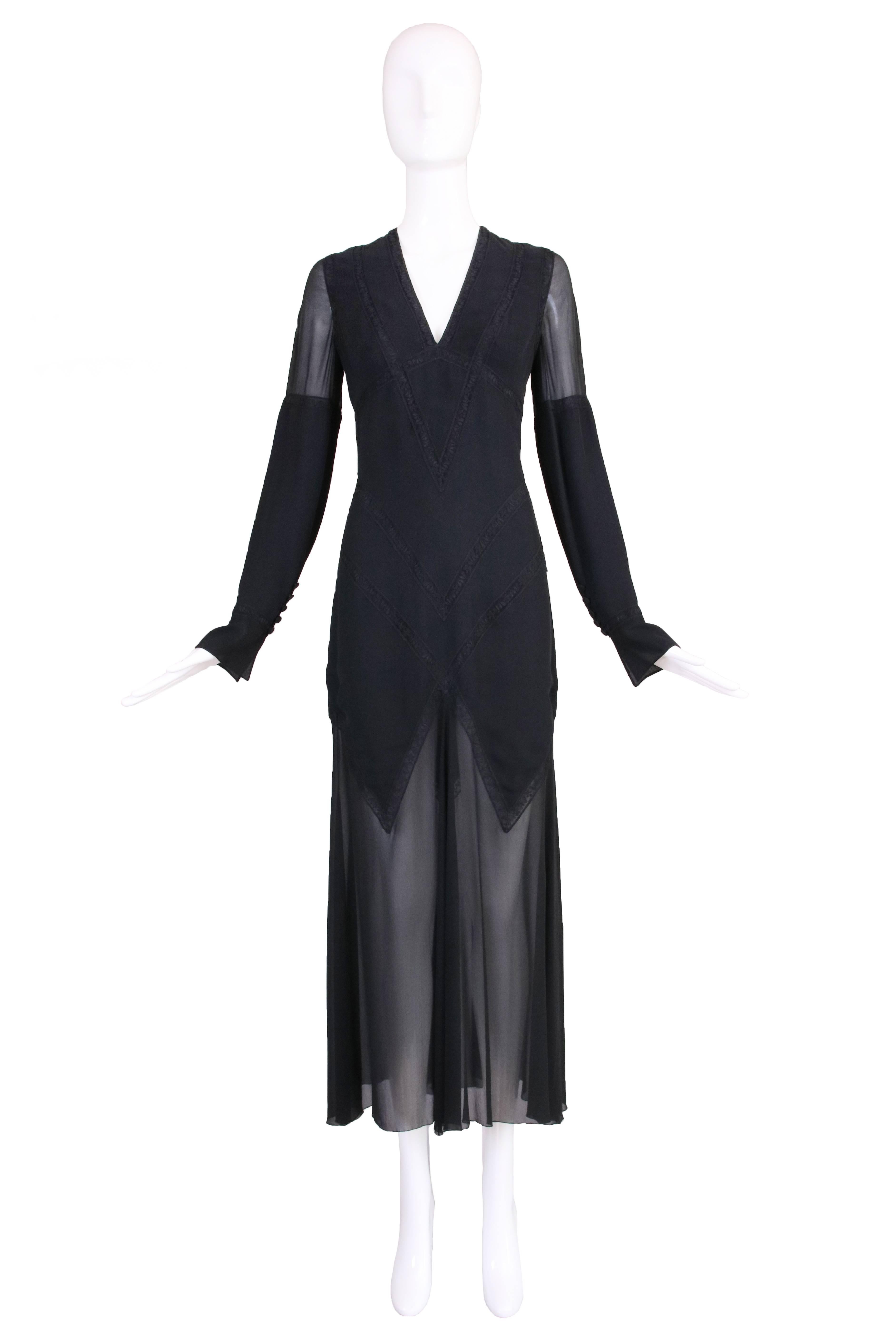 Karl Lagerfeld Black Silk & Lace Inset Deep V-Neck Evening Dress W/Chiffon Skirt In Excellent Condition In Studio City, CA