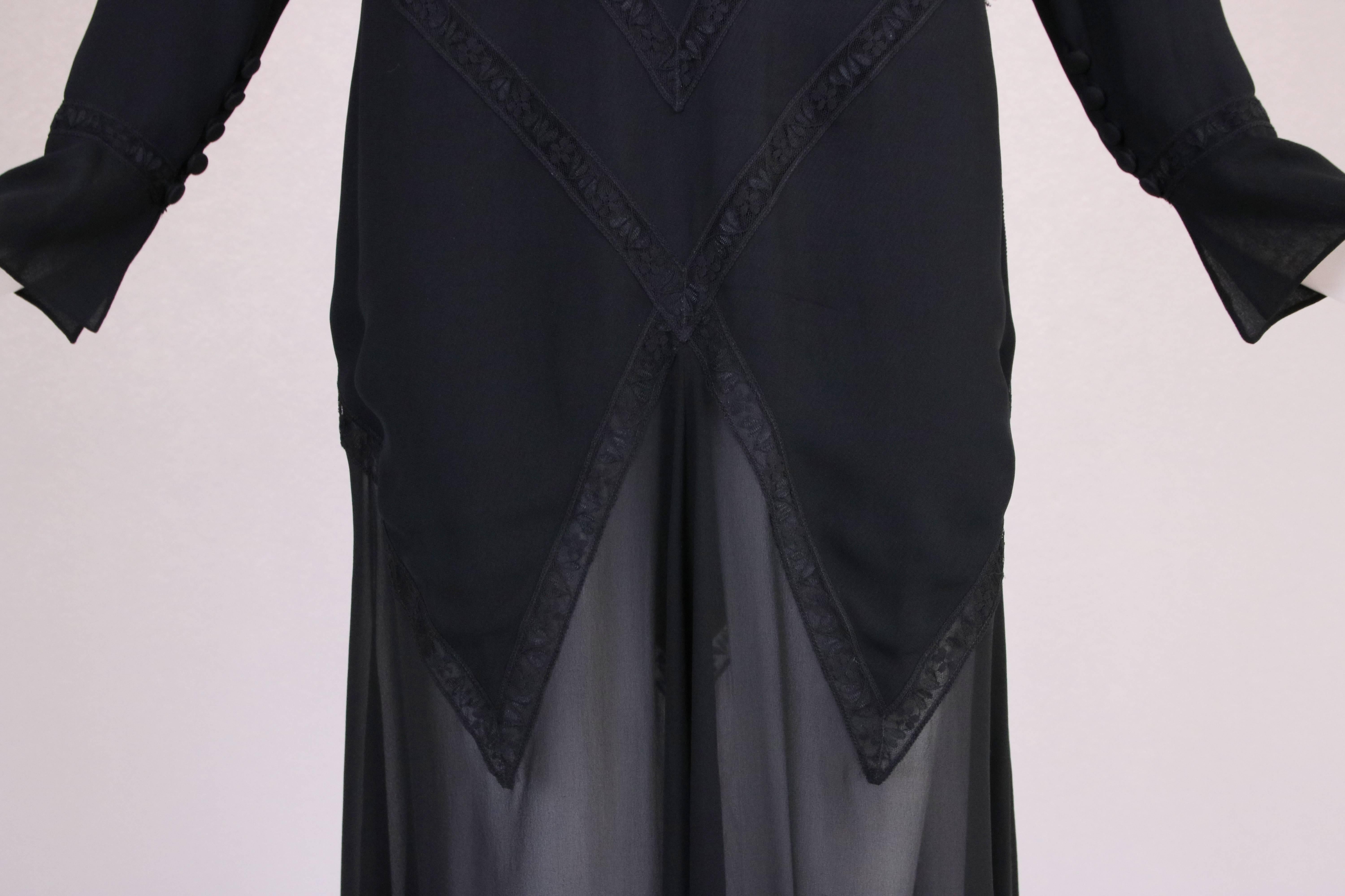 Karl Lagerfeld Black Silk & Lace Inset Deep V-Neck Evening Dress W/Chiffon Skirt 2