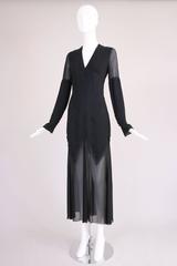 Karl Lagerfeld Black Silk & Lace Inset Deep V-Neck Evening Dress W/Chiffon Skirt