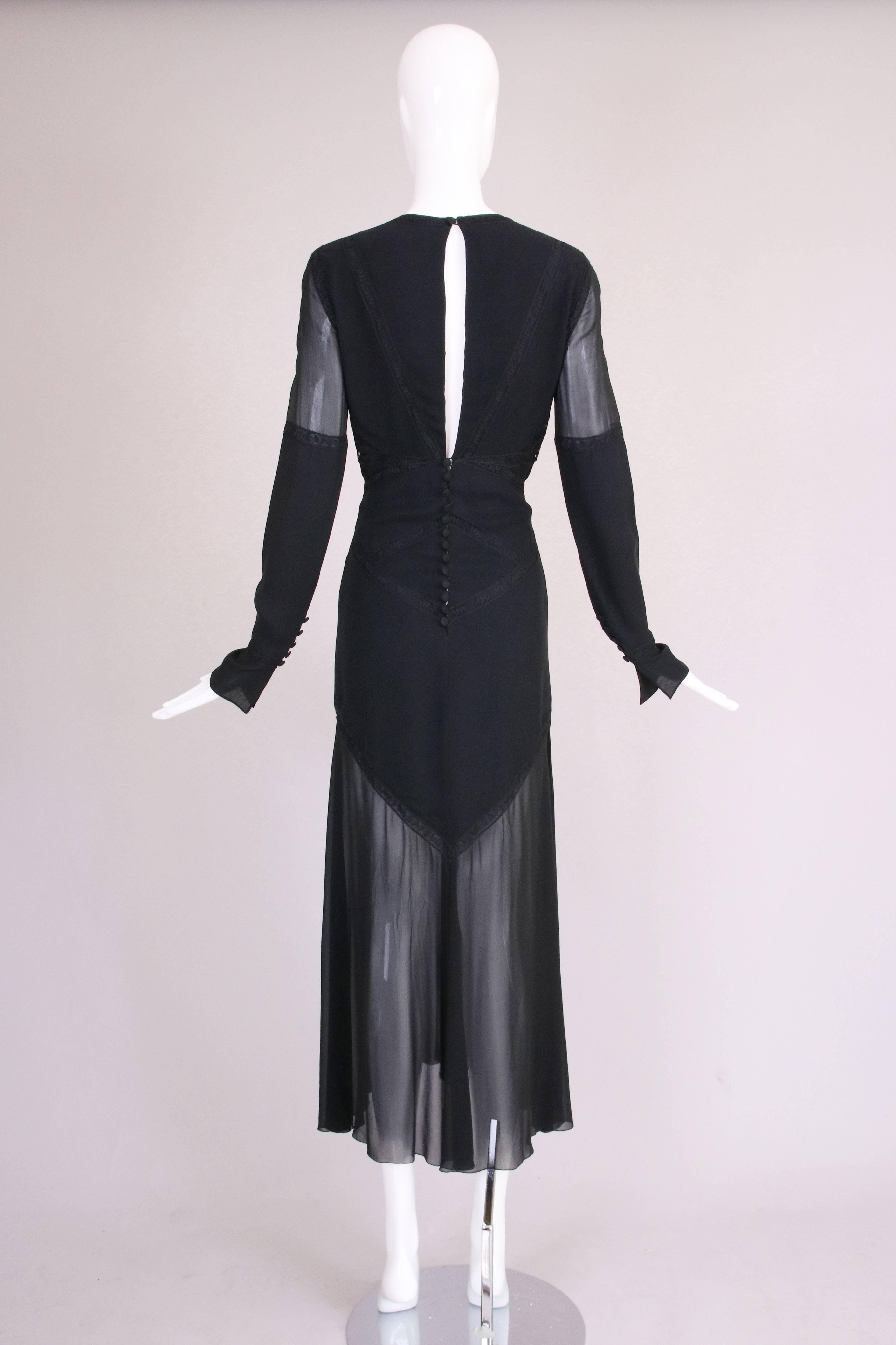 Karl Lagerfeld Black Silk & Lace Inset Deep V-Neck Evening Dress W/Chiffon Skirt 1