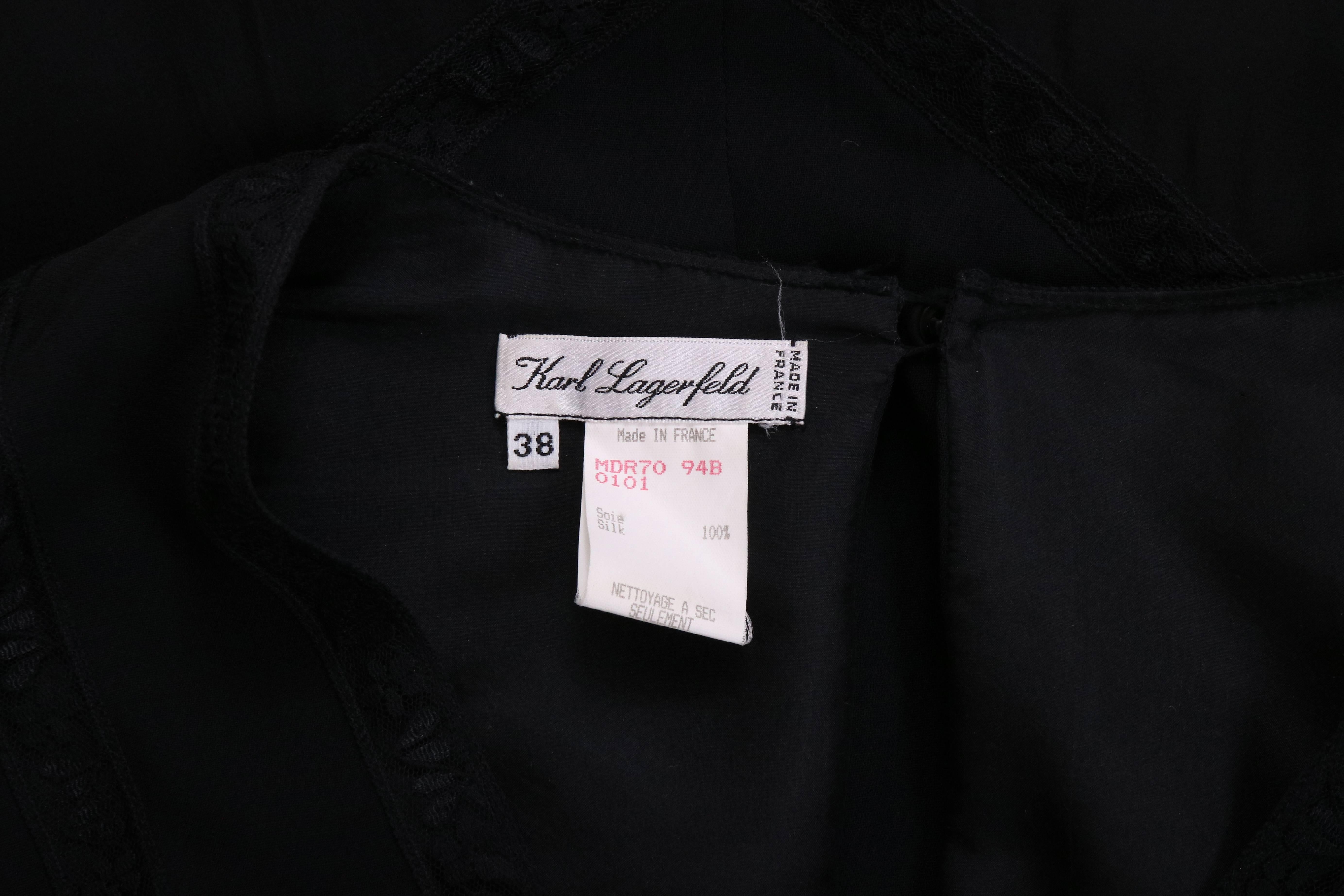 Karl Lagerfeld Black Silk & Lace Inset Deep V-Neck Evening Dress W/Chiffon Skirt 4