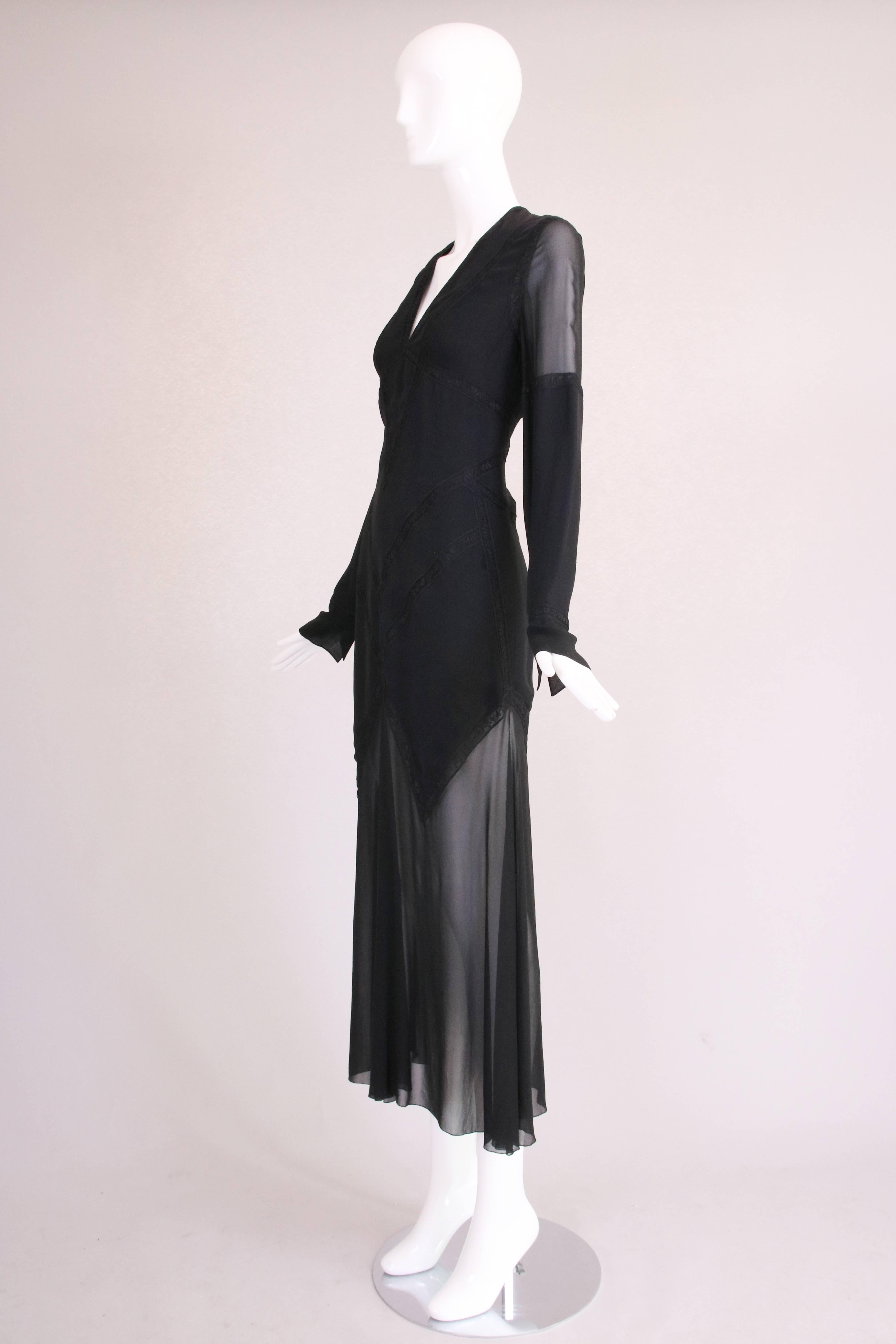 Women's Karl Lagerfeld Black Silk & Lace Inset Deep V-Neck Evening Dress W/Chiffon Skirt