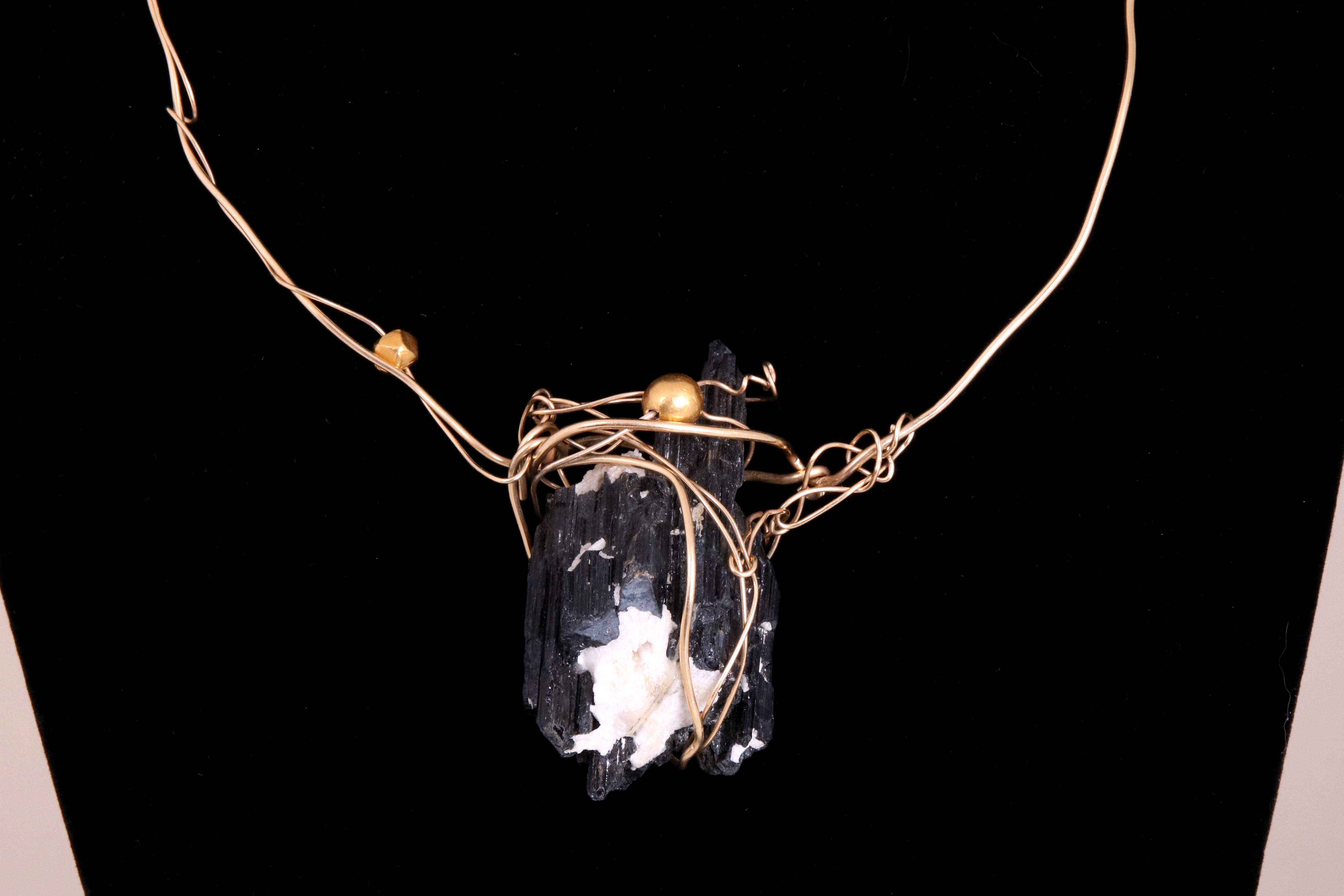 Kazuko 14k Gold Wire Wrapped Black Tourmaline & Quartz Crystal Pendant Necklace In Excellent Condition In Studio City, CA