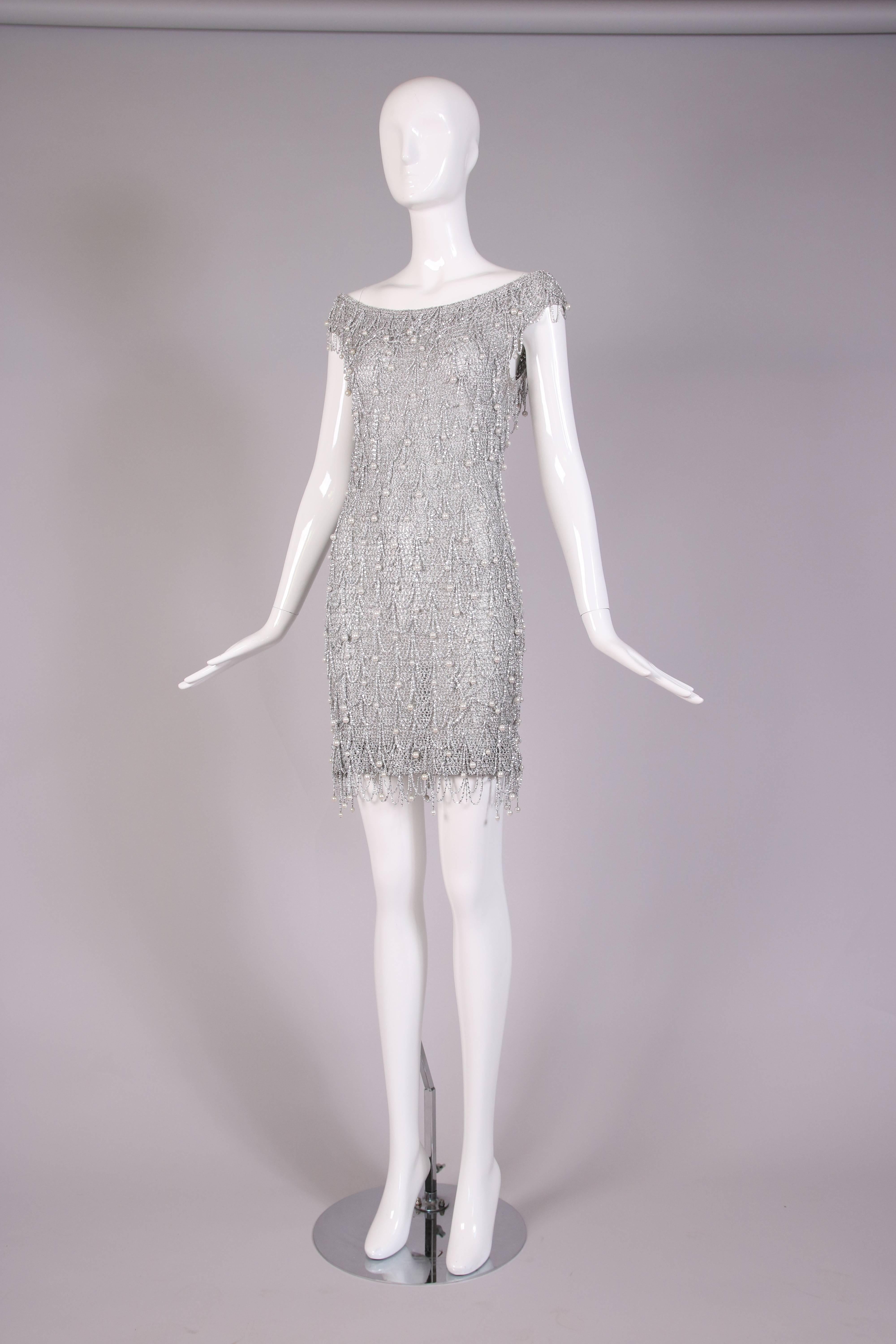 1970's Loris Azzaro Silver Mesh Chain & Beaded Bodycon Mini Dress In Excellent Condition In Studio City, CA