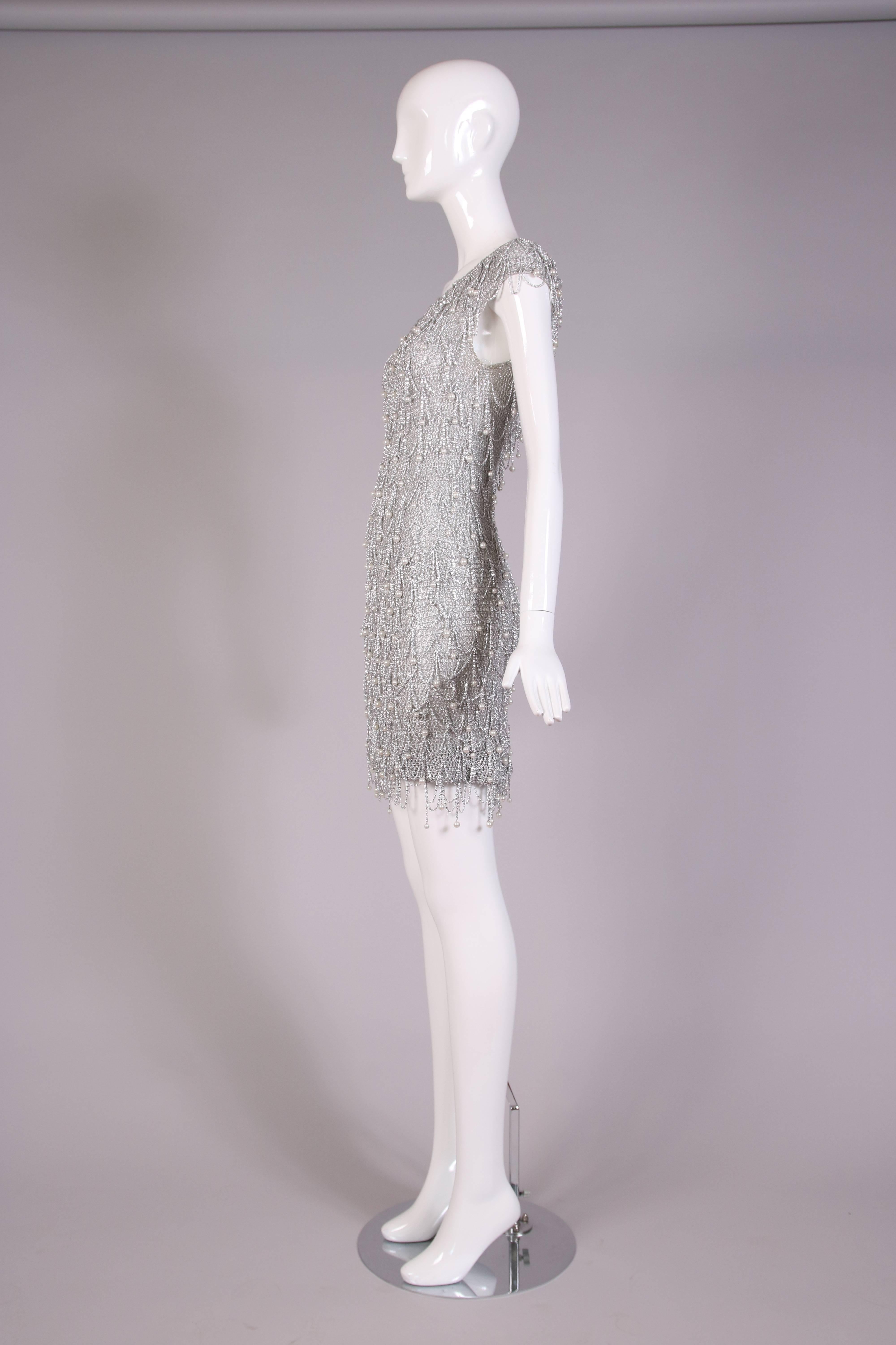 Women's 1970's Loris Azzaro Silver Mesh Chain & Beaded Bodycon Mini Dress