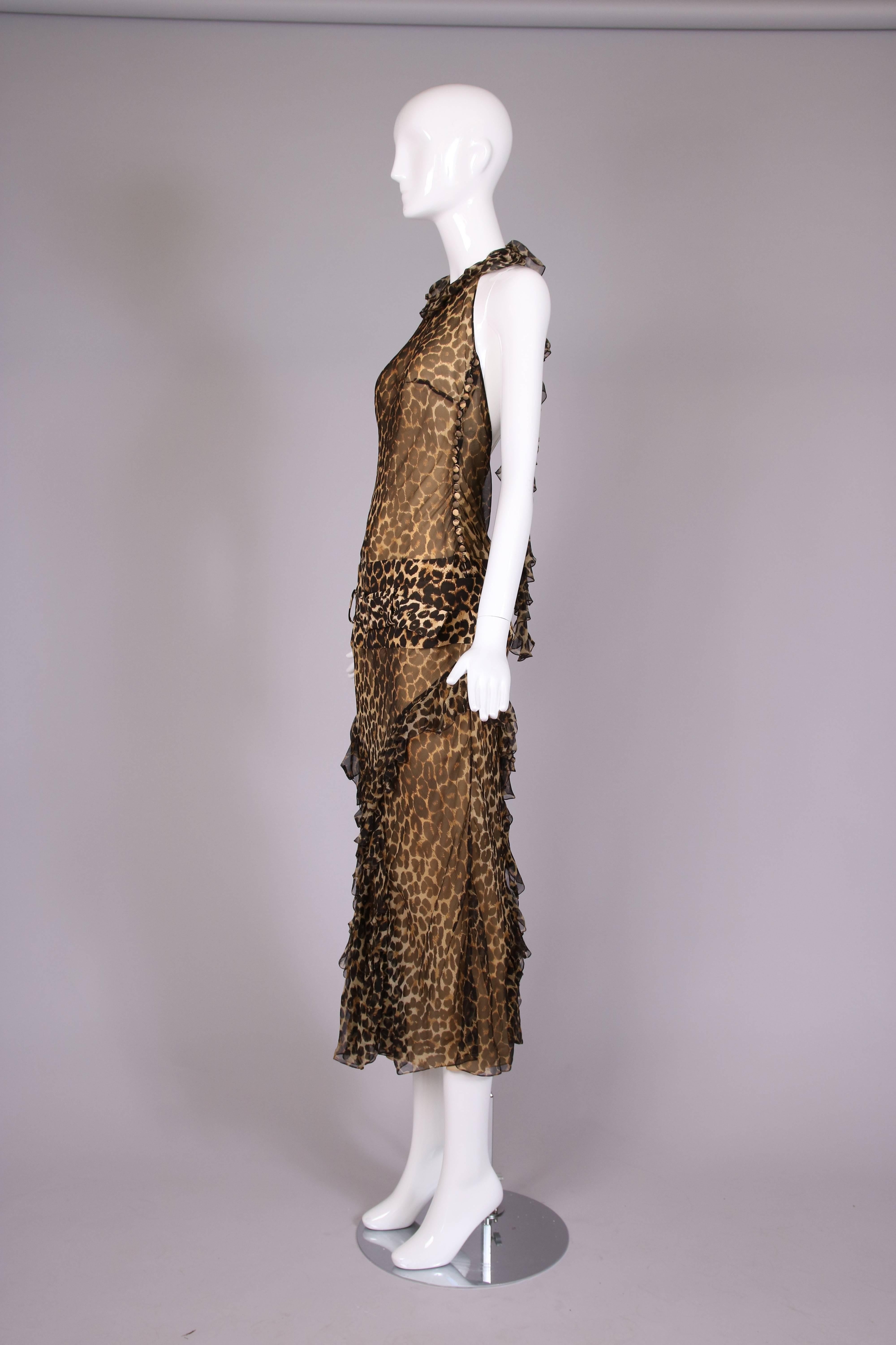 Women's John Galliano Leopard Print Silk Chiffon Halter Evening Gown Dress