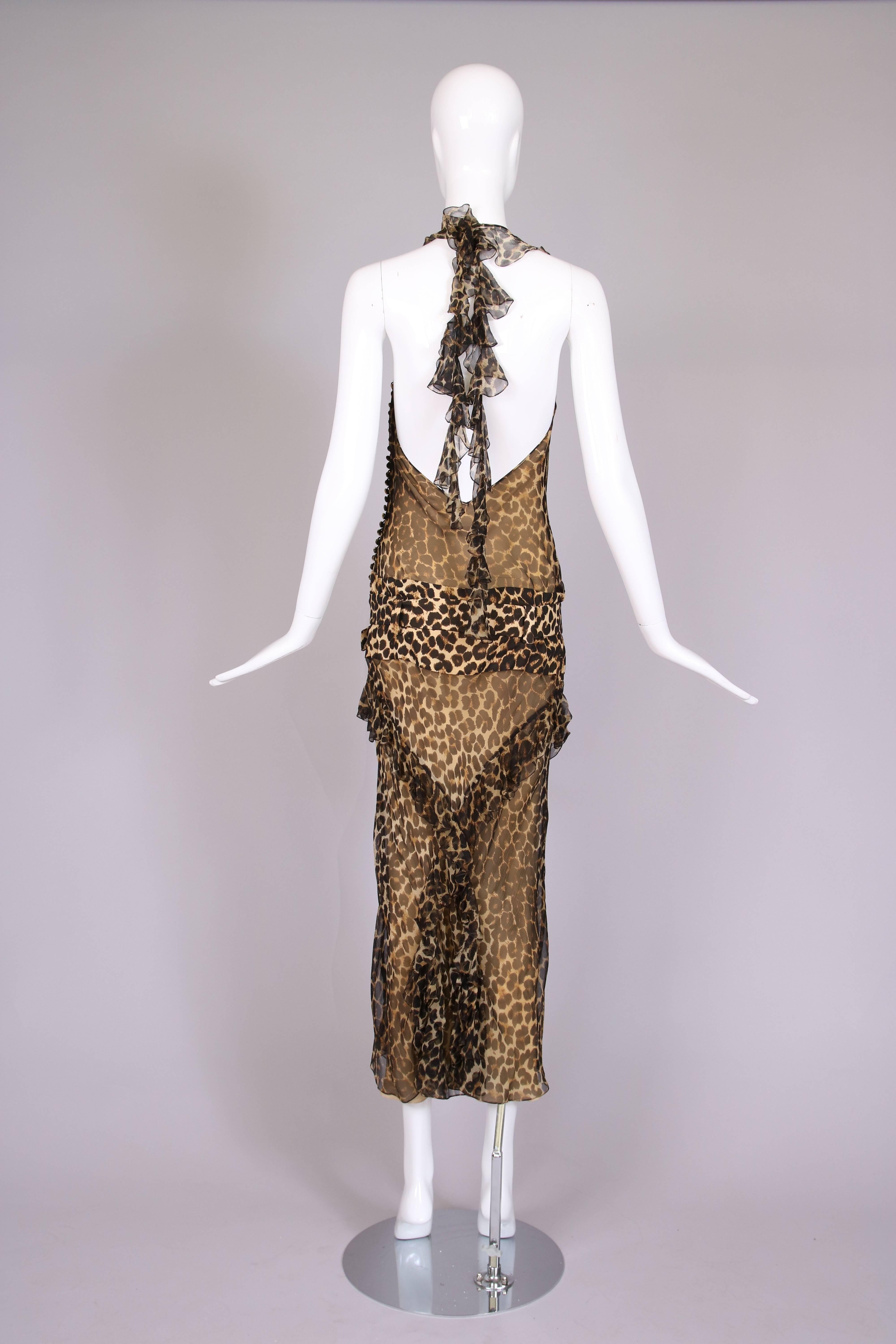 John Galliano Leopard Print Silk Chiffon Halter Evening Gown Dress 1