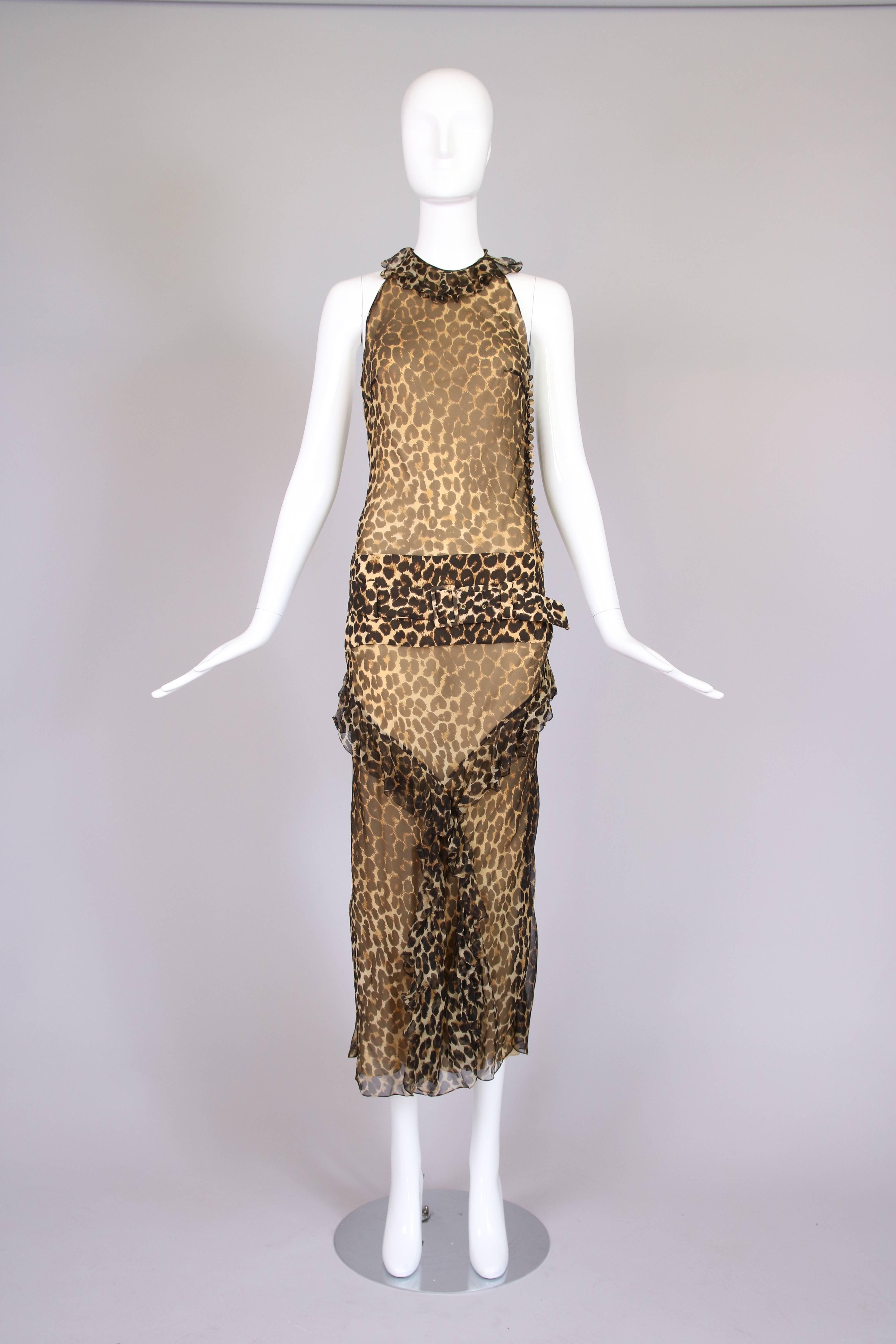 John Galliano Leopard Print Silk Chiffon Halter Evening Gown Dress In Excellent Condition In Studio City, CA