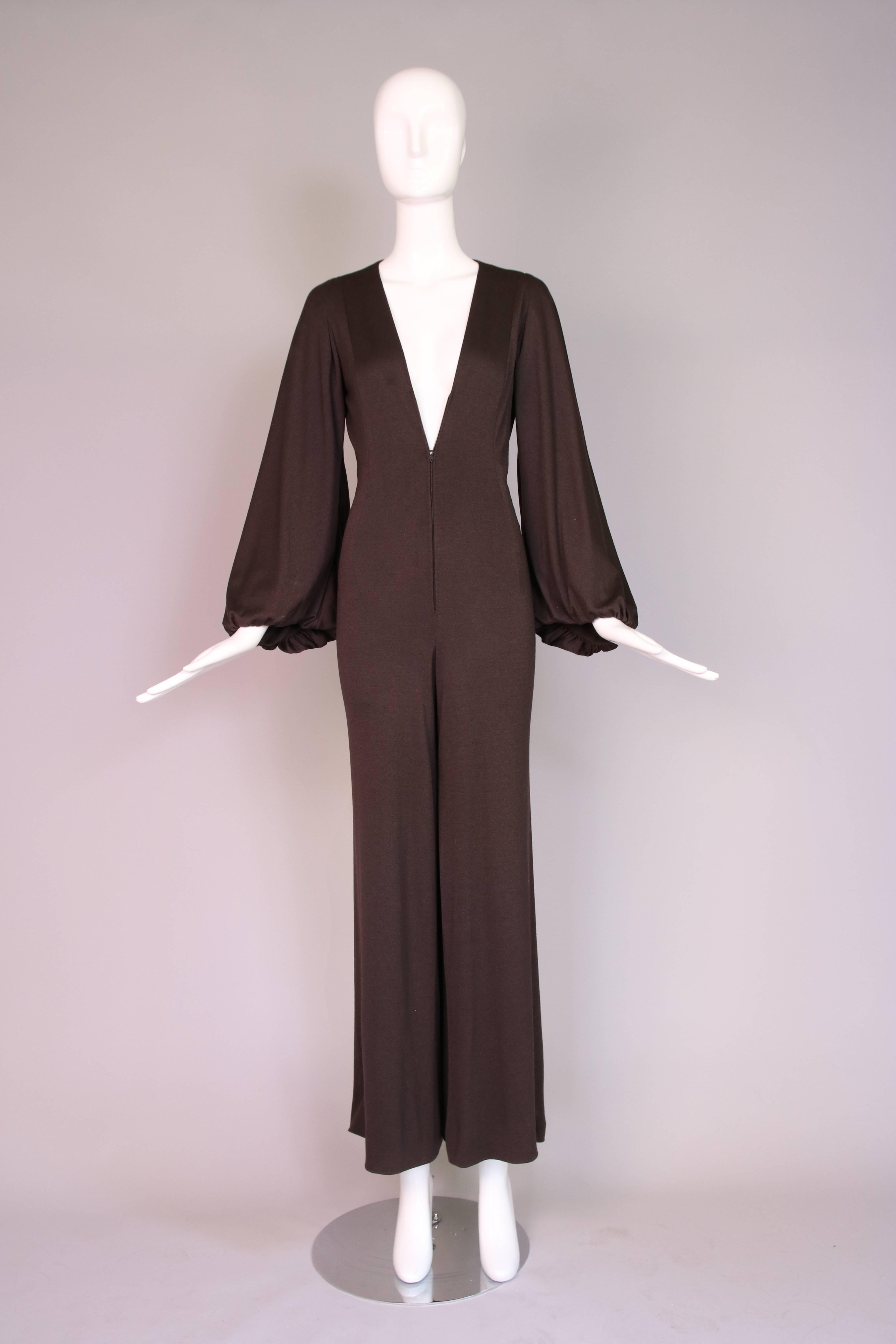 Black 1970's Pauline Trigere Brown Jersey Frontal Zip Jumpsuit