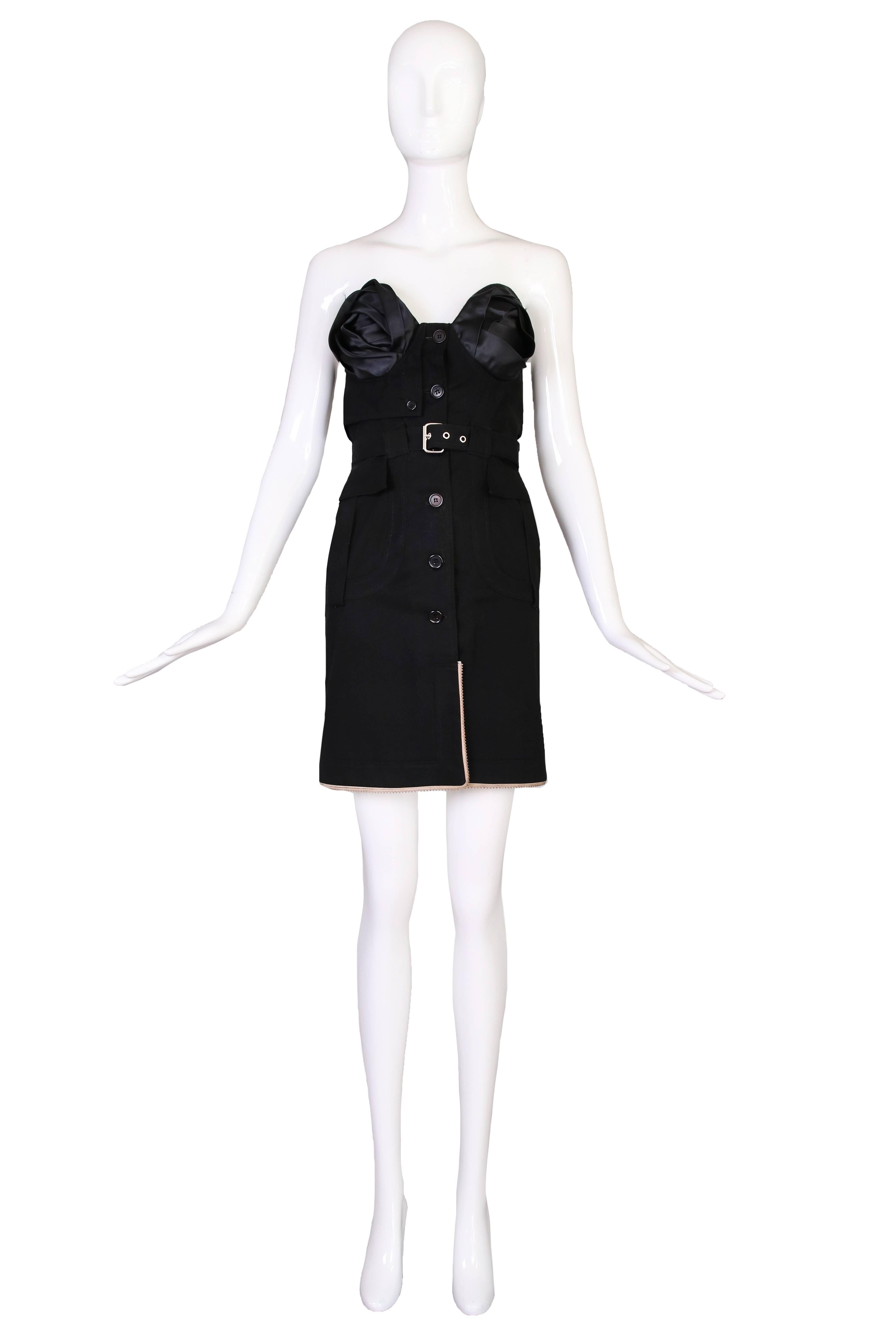 Antonio Berardi strapless little black mini dress with detachable belt - button closure up the front with triangle-shaped leather trim detail along the hem and frontal slit. No size tag - please consult measurements. In excellent