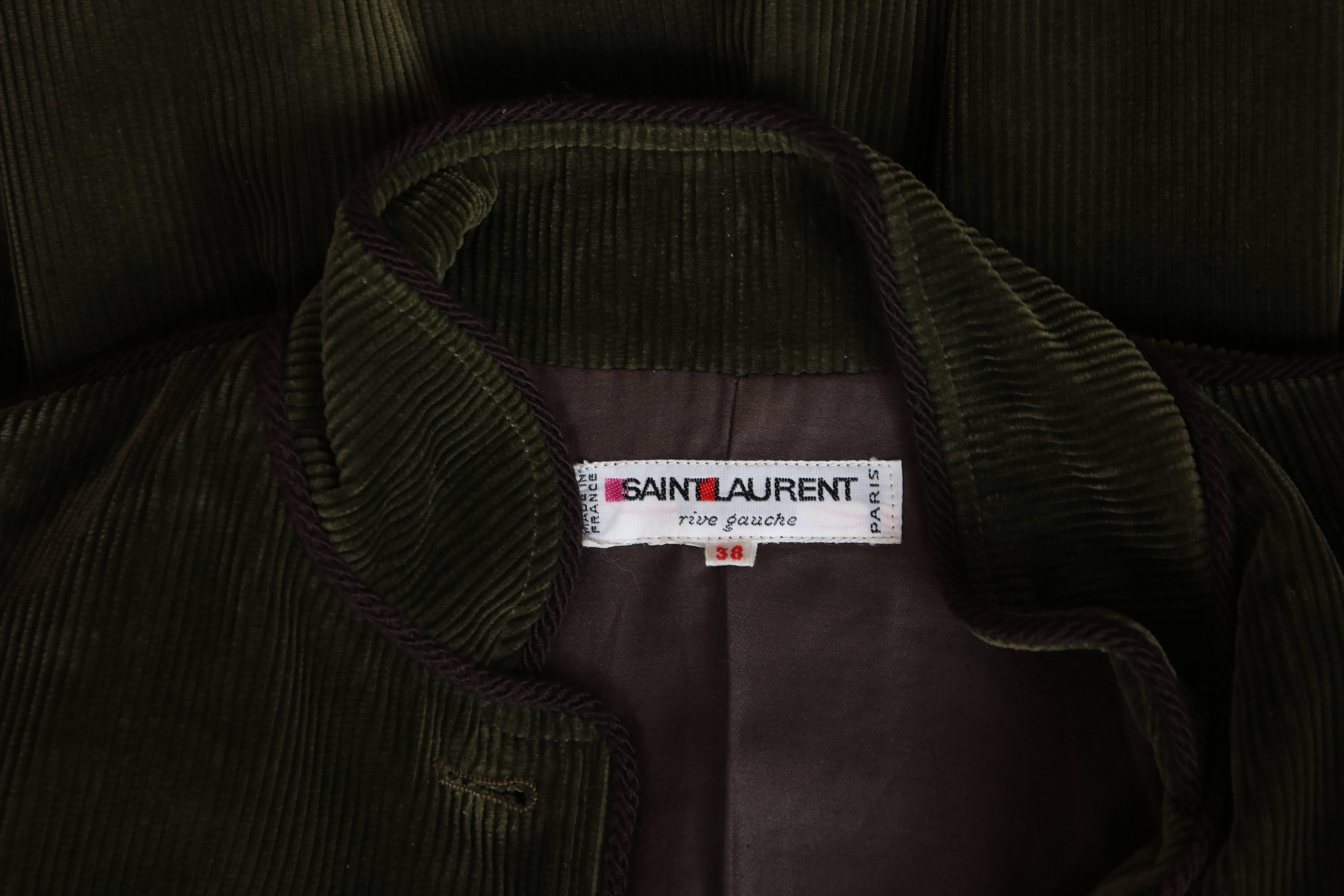 1970's Yves Saint Laurent YSL Russian Collection Green Corduroy Jacket In Excellent Condition In Studio City, CA