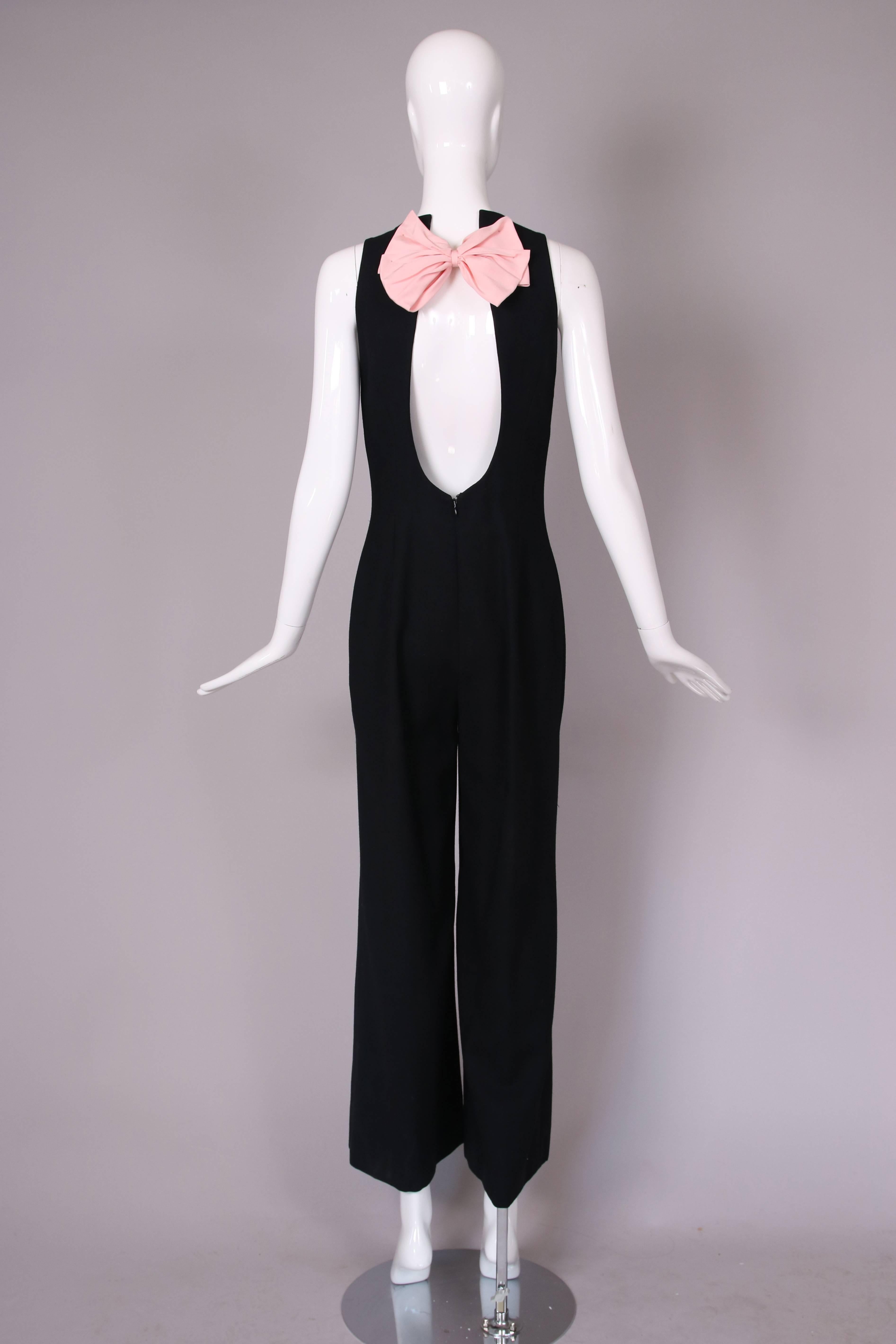 Versace Schwarzer ärmelloser Woll-Overall mit offenem Rücken und Schleifendetail Damen