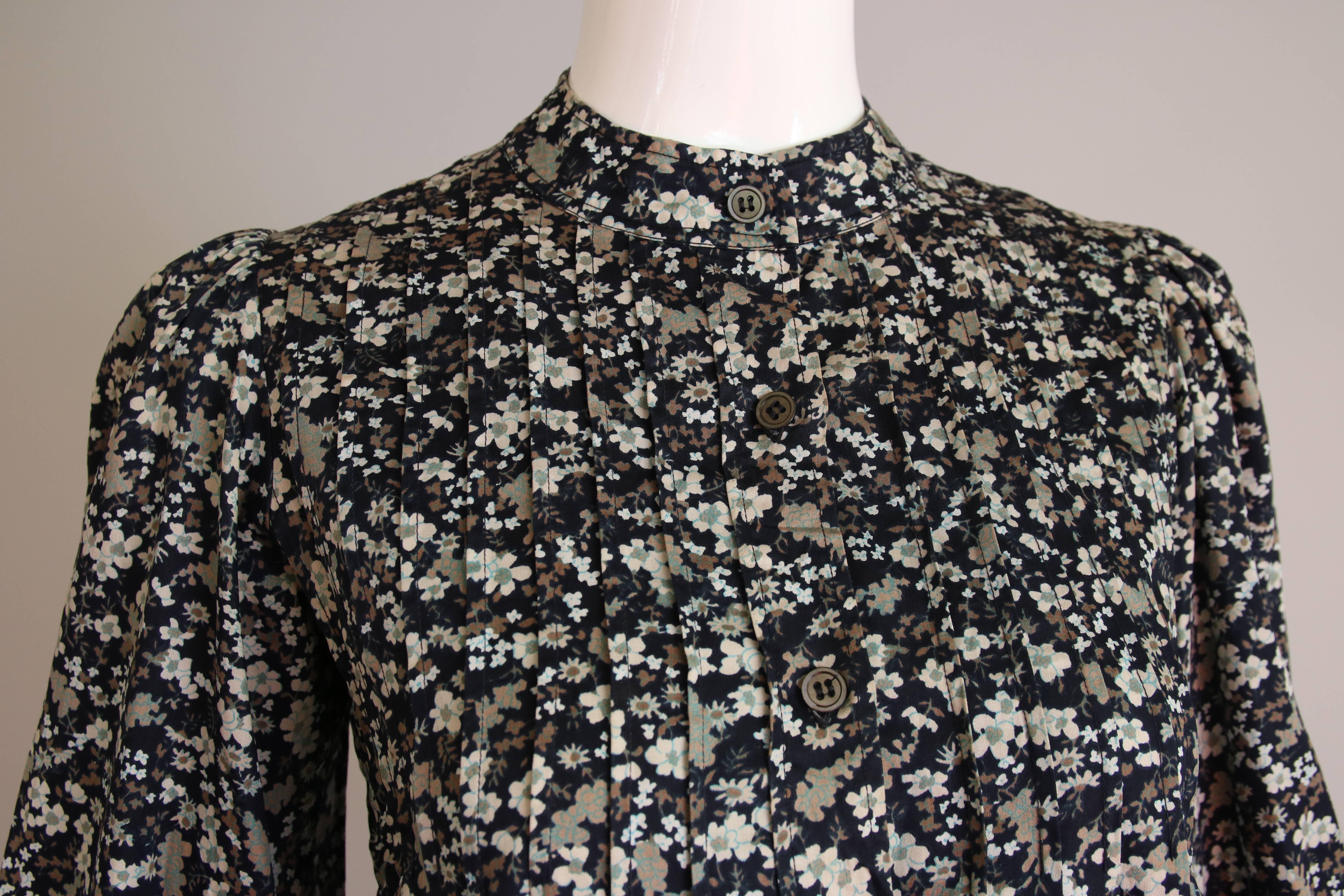 1970's Yves Saint Laurent Cotton Floral Tunic Top w/Smocking In Excellent Condition In Studio City, CA