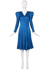 Vintage Carolina Herrera Teal Silk Printed Dress w/Angled Shoulder Detail