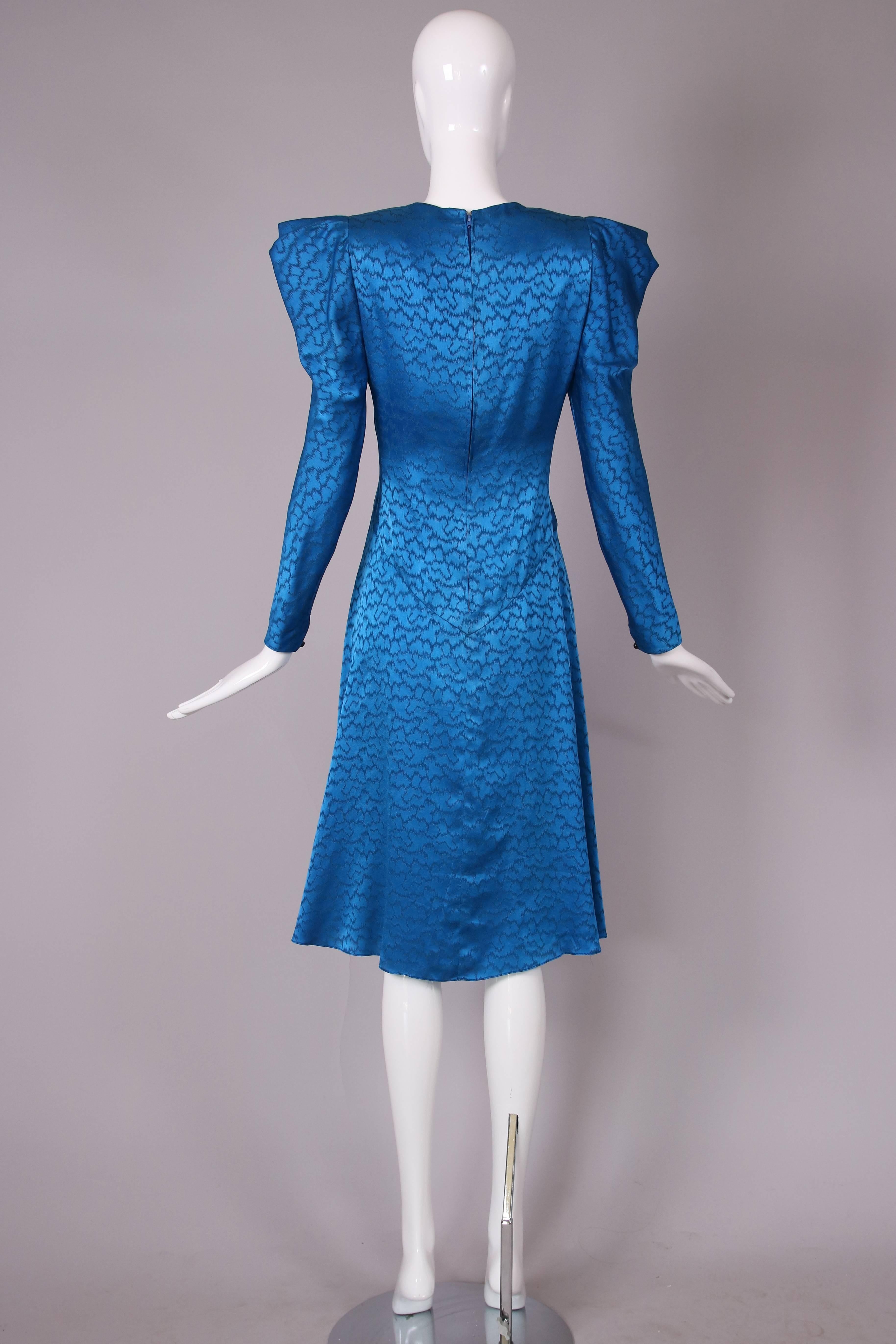 Vintage Carolina Herrera Teal Silk Printed Dress w/Angled Shoulder Detail 2