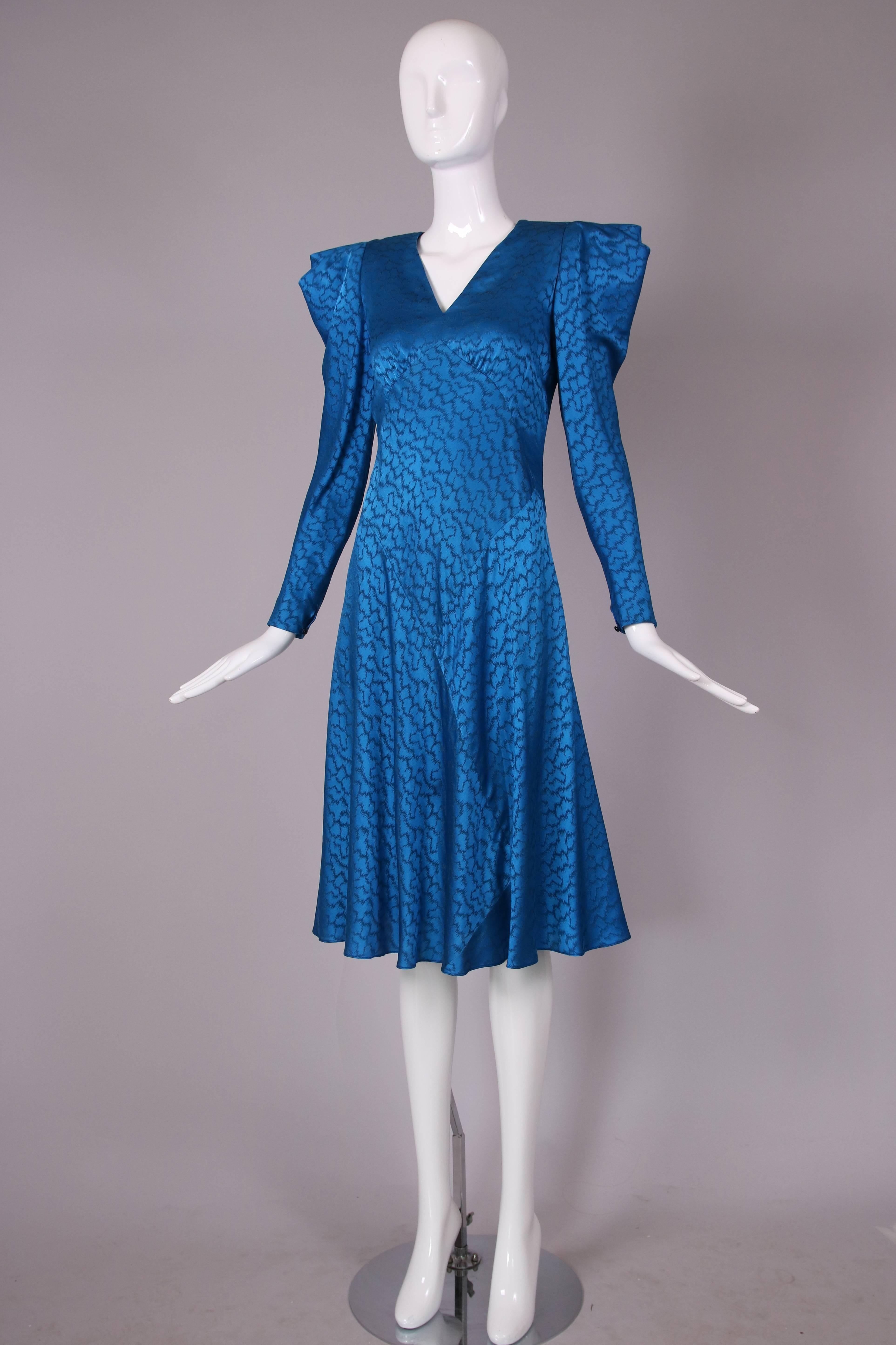 Blue Vintage Carolina Herrera Teal Silk Printed Dress w/Angled Shoulder Detail