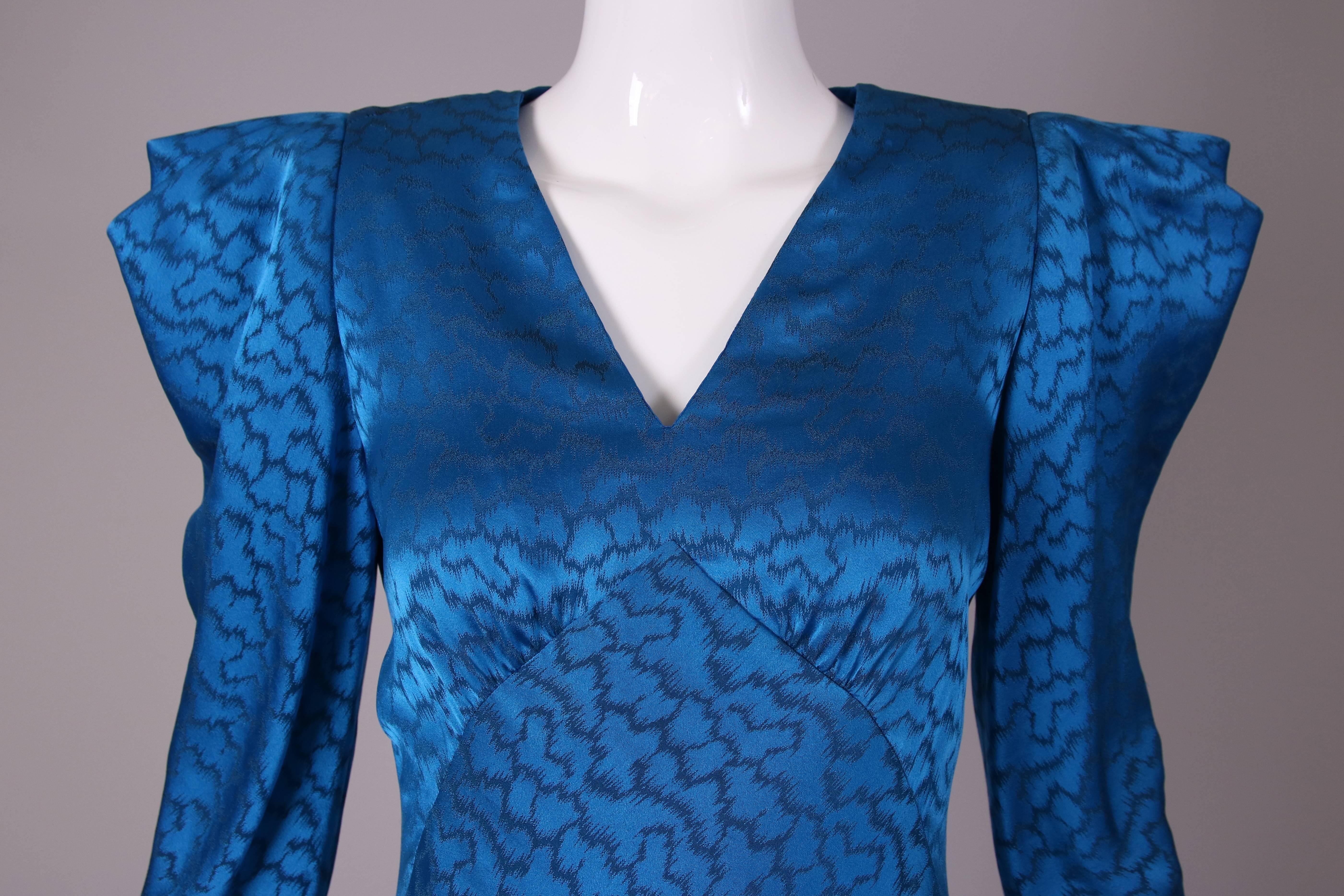 Women's Vintage Carolina Herrera Teal Silk Printed Dress w/Angled Shoulder Detail