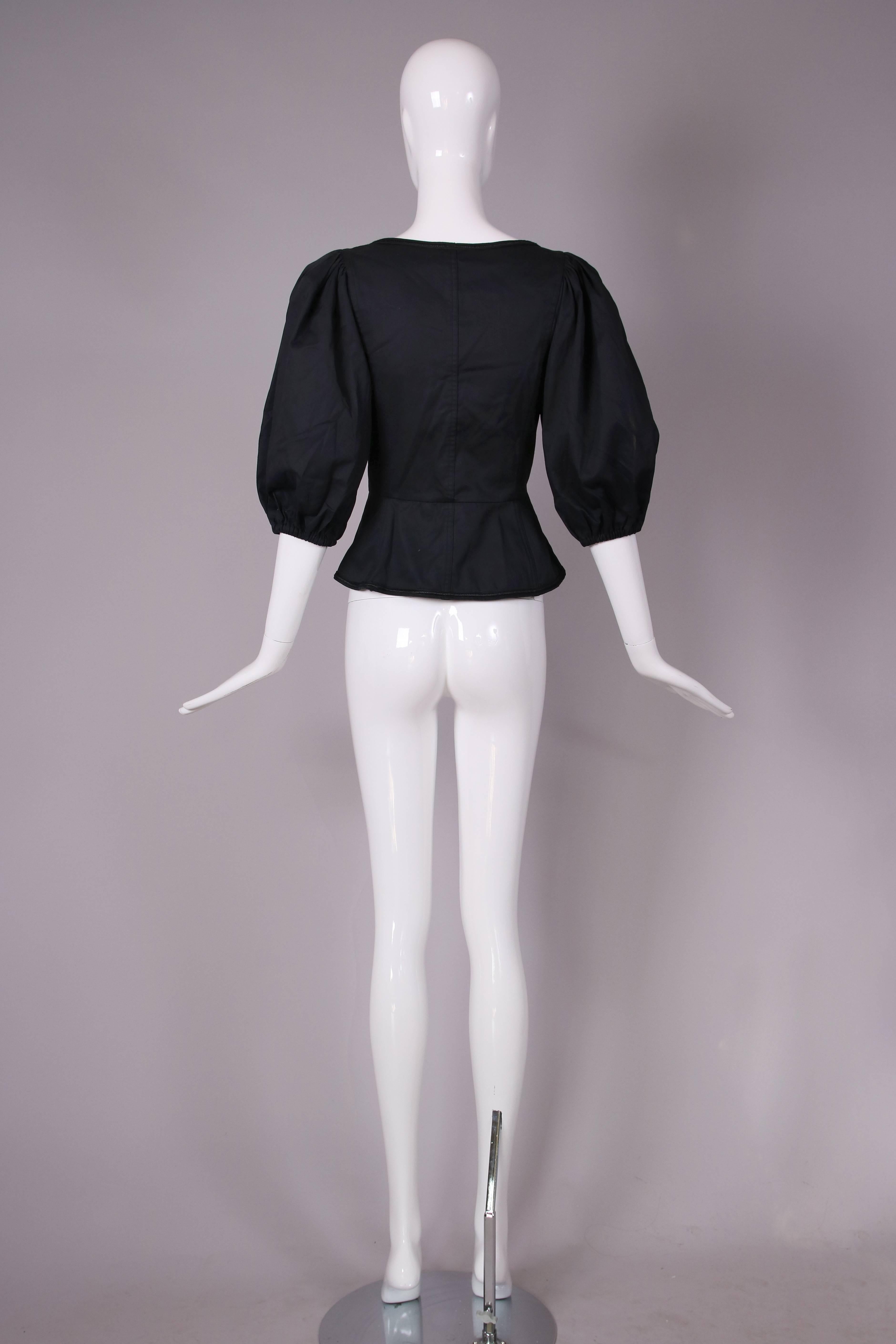 1970's Yves Saint Laurent Black Cotton Lace Up Peasant Top w/Balloon Sleeves 2