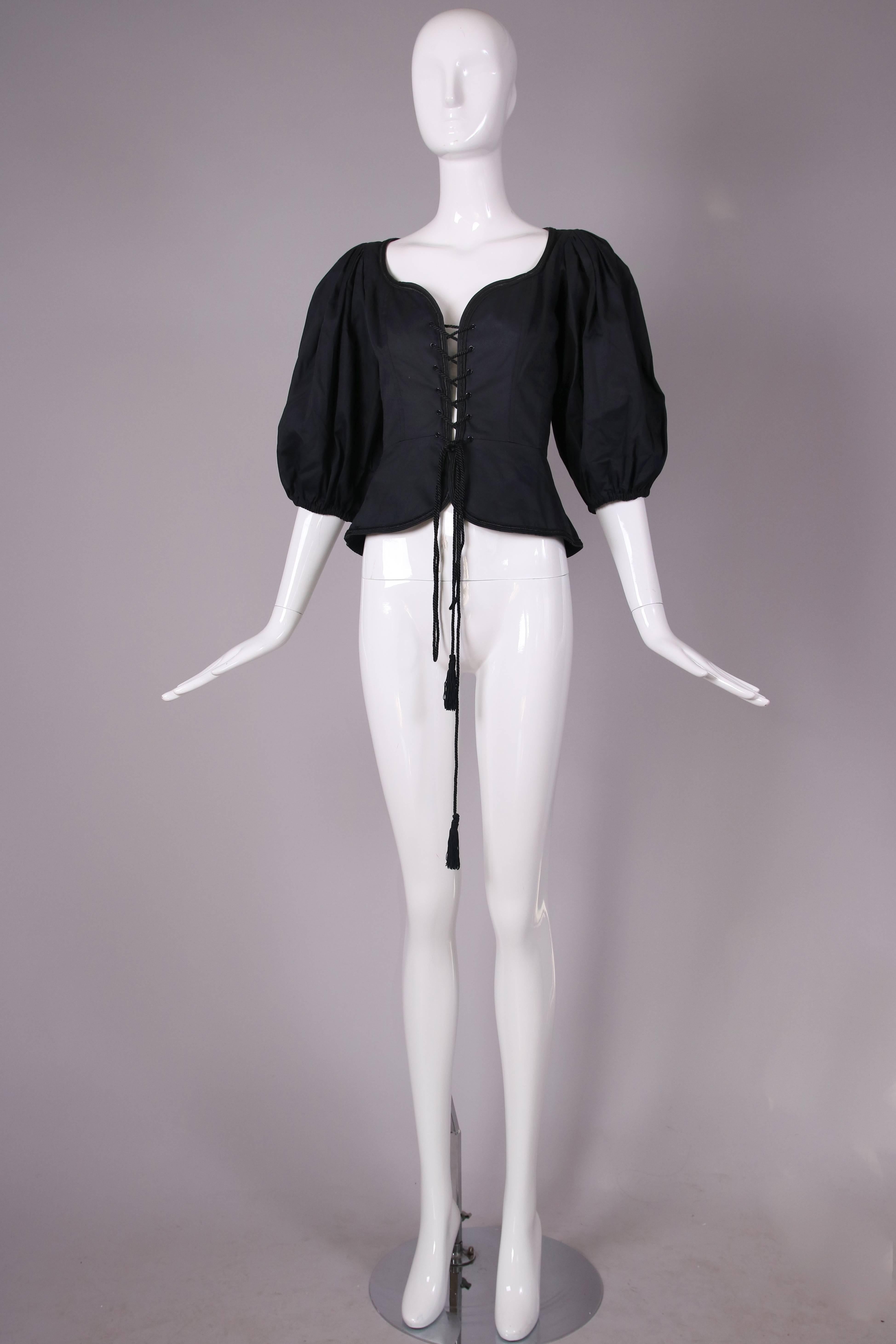 Women's 1970's Yves Saint Laurent Black Cotton Lace Up Peasant Top w/Balloon Sleeves