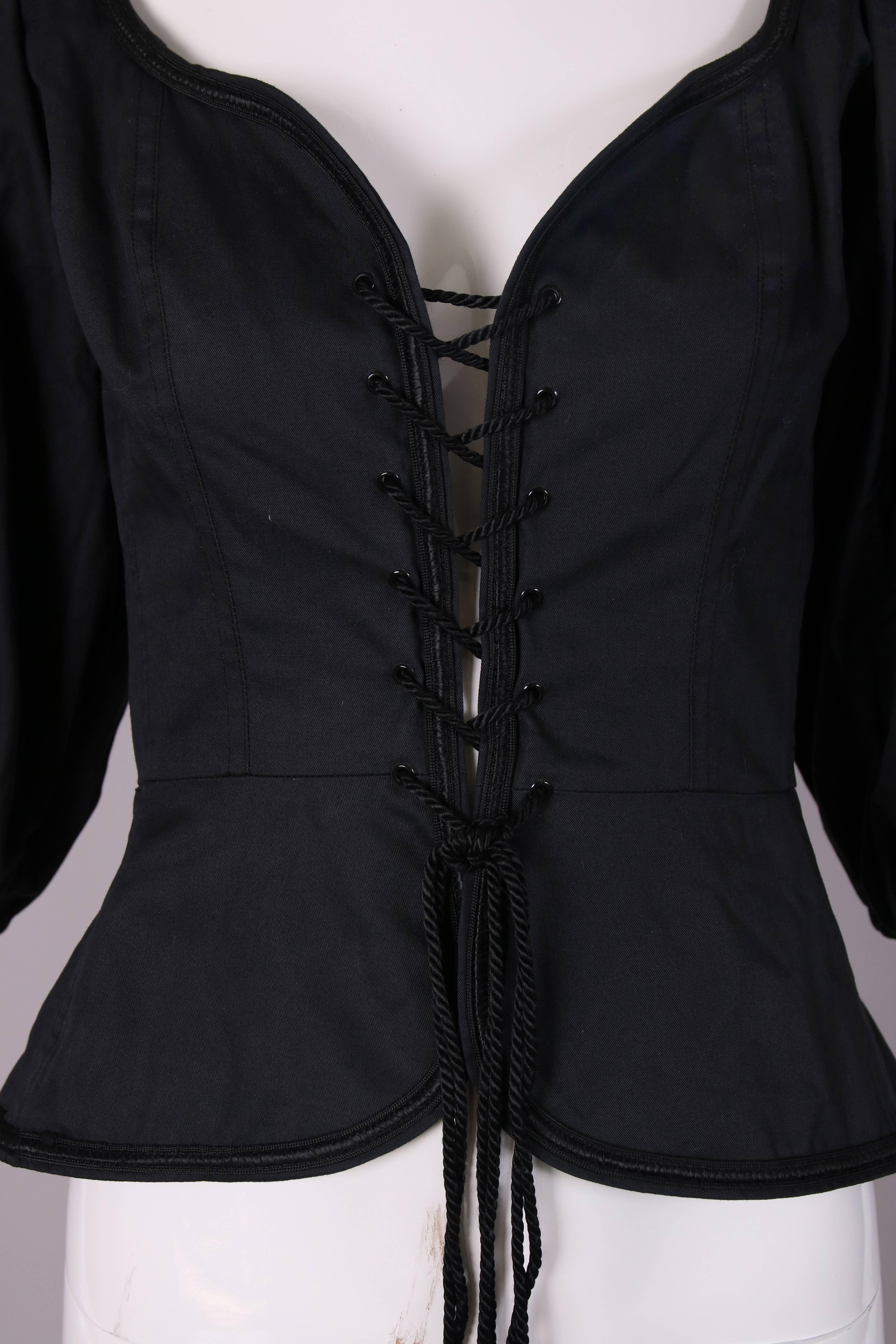 1970's Yves Saint Laurent Black Cotton Lace Up Peasant Top w/Balloon Sleeves In Excellent Condition In Studio City, CA