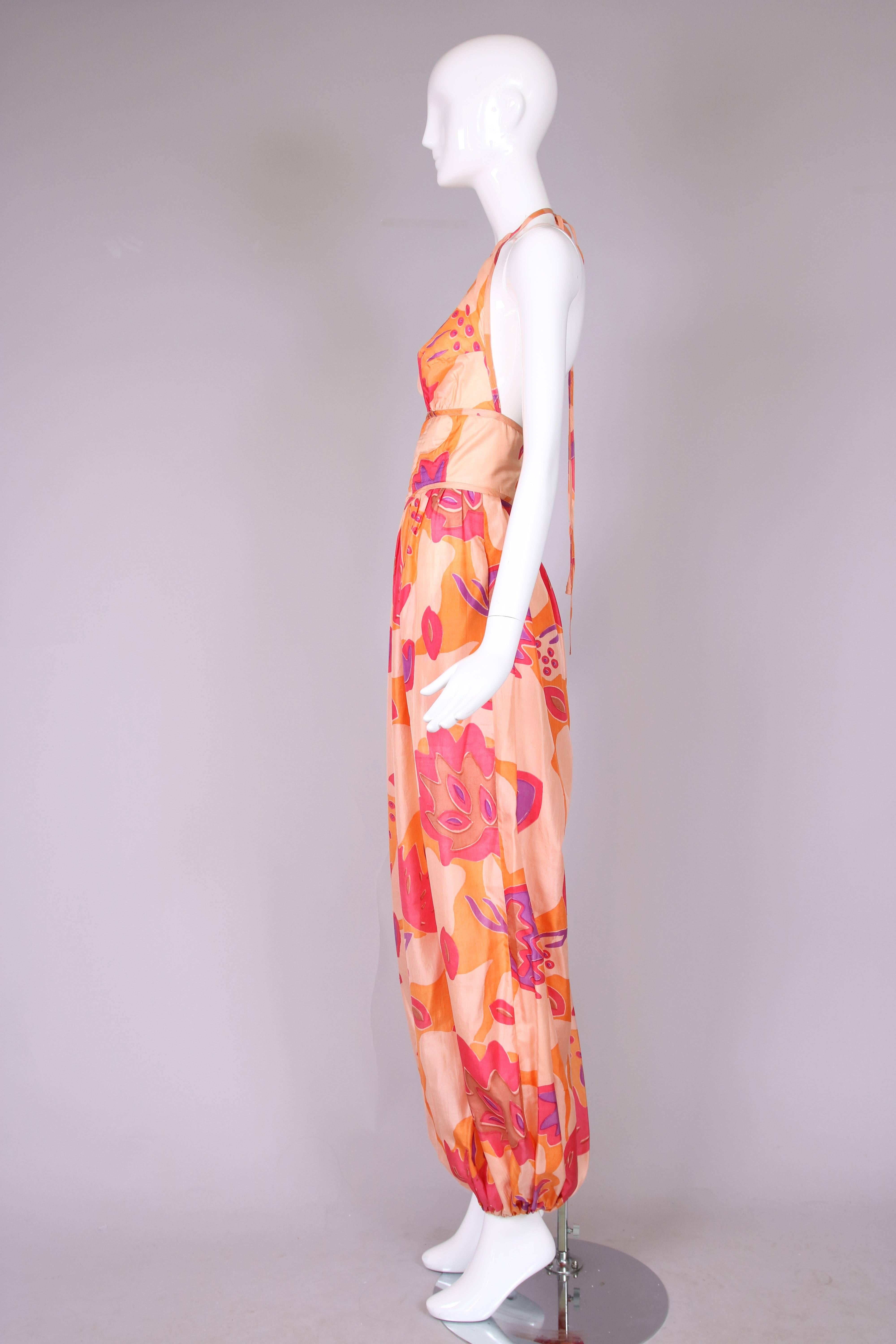 1970's Bill Tice Silk Printed Halter Jumpsuit W/Matching Quilted Jacket In Excellent Condition In Studio City, CA