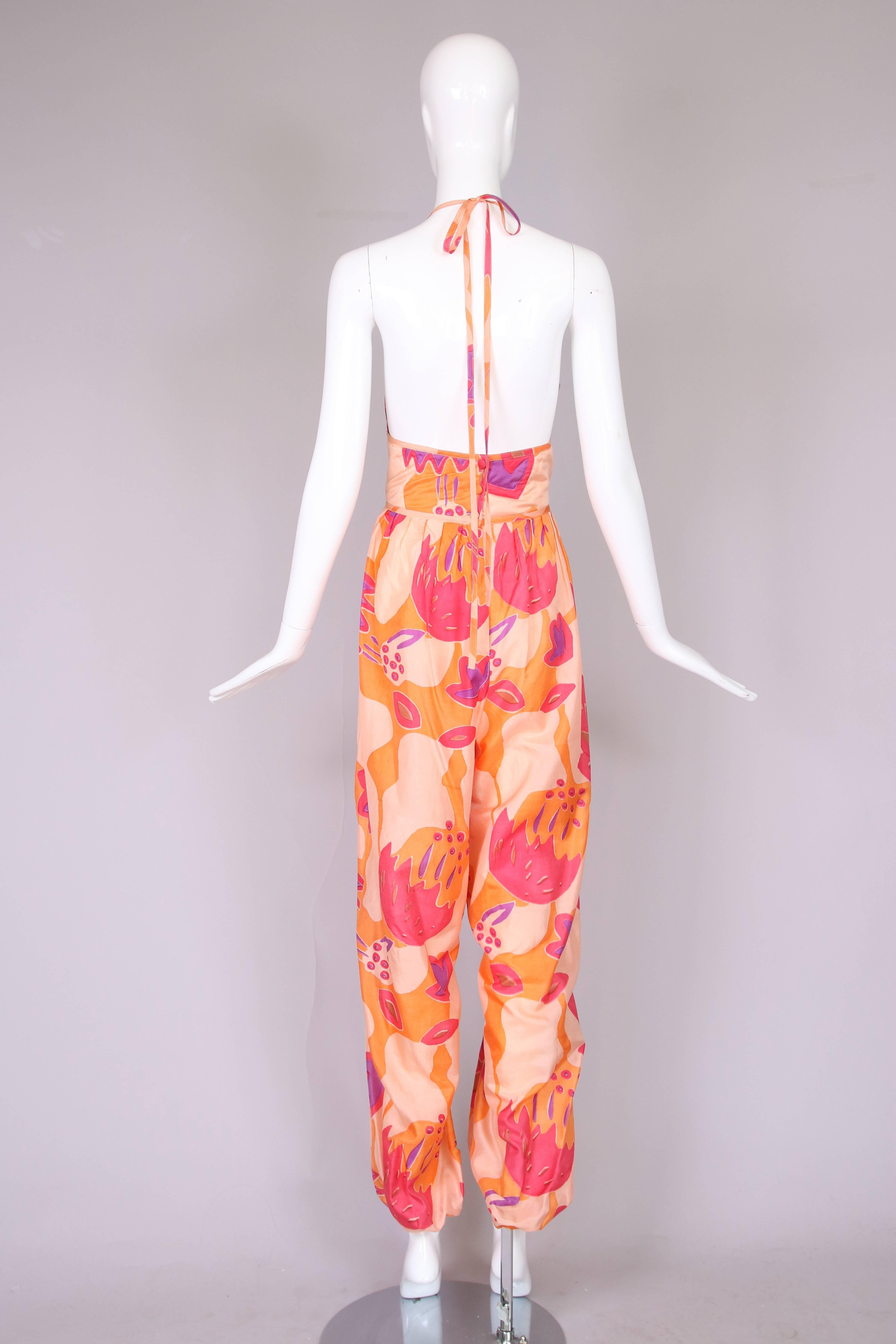 Women's 1970's Bill Tice Silk Printed Halter Jumpsuit W/Matching Quilted Jacket